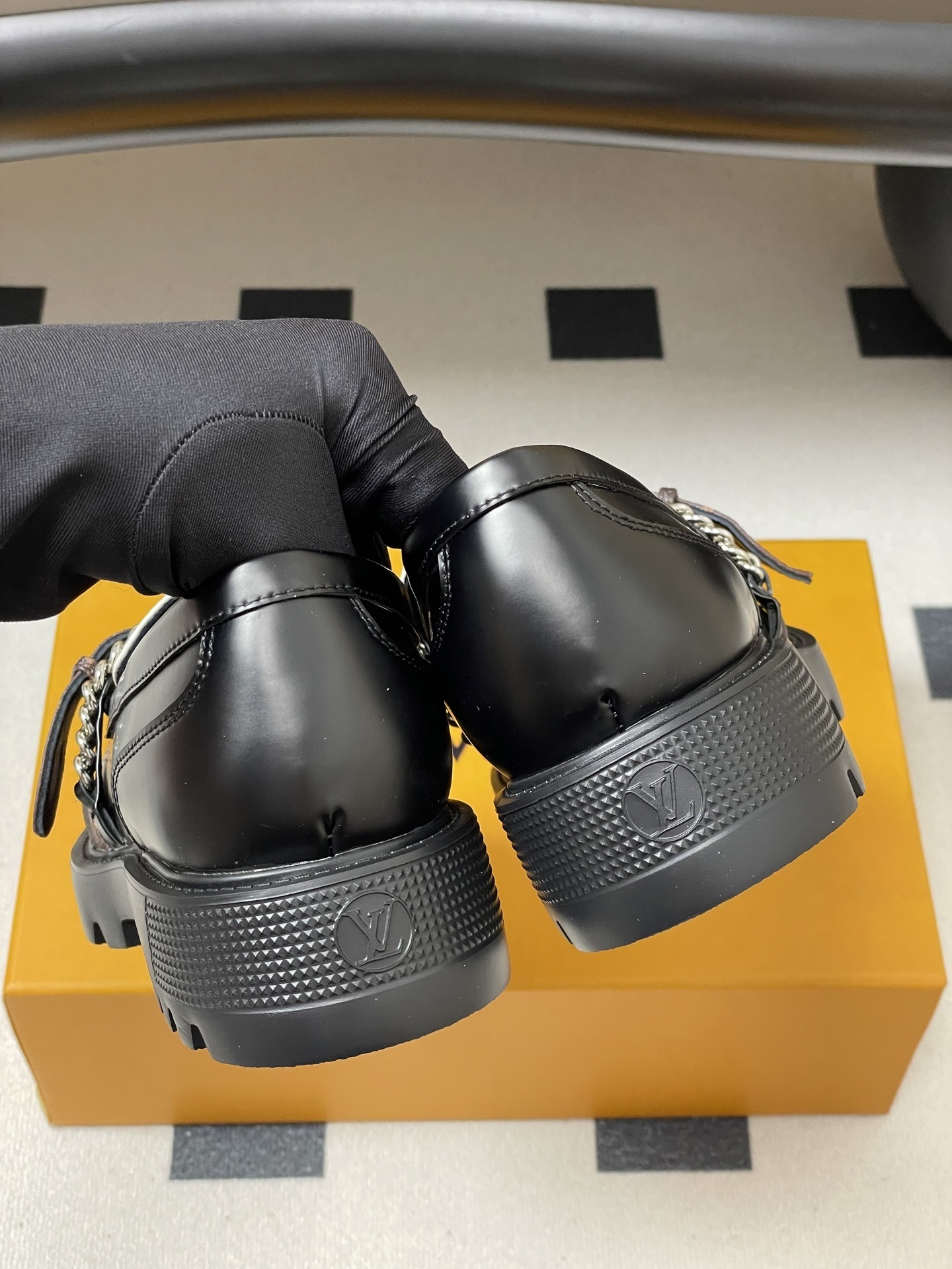 Chunky Two-Tone Platform Loafers with Chain & Monogram Strap