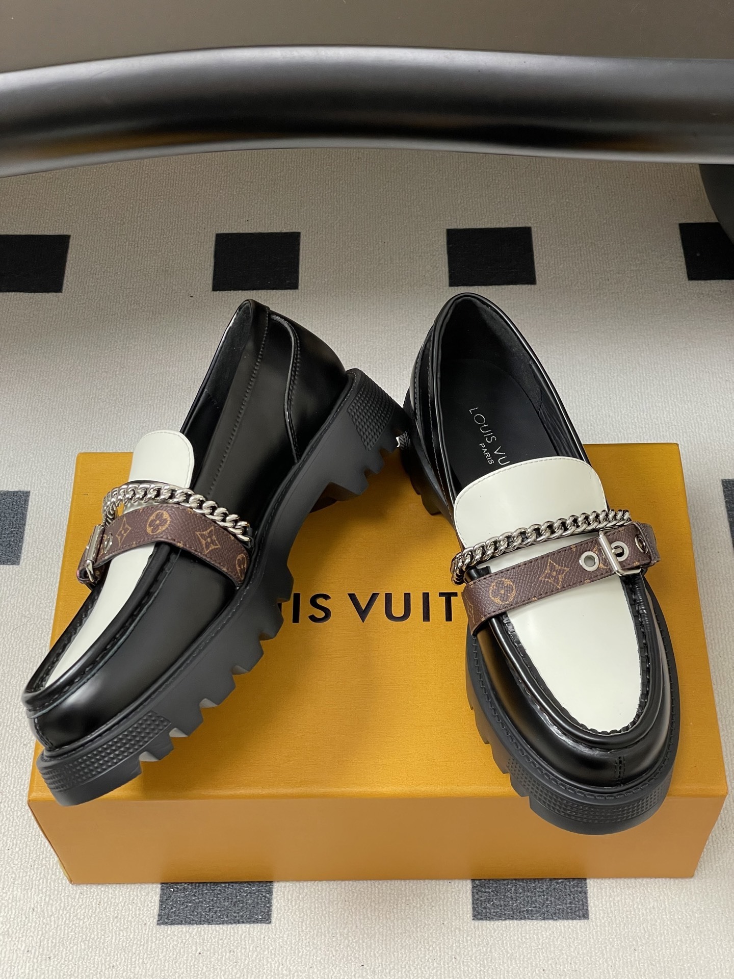 Chunky Two-Tone Platform Loafers with Chain & Monogram Strap