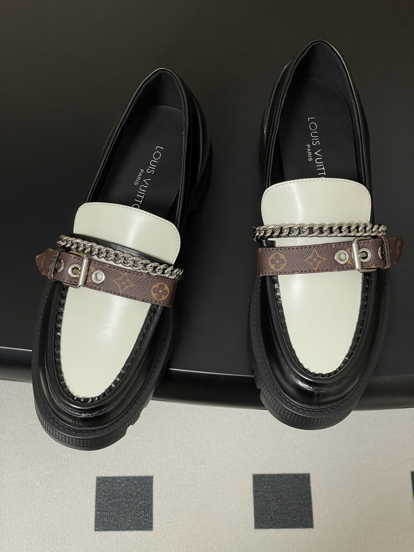 Chunky Two-Tone Platform Loafers with Chain & Monogram Strap