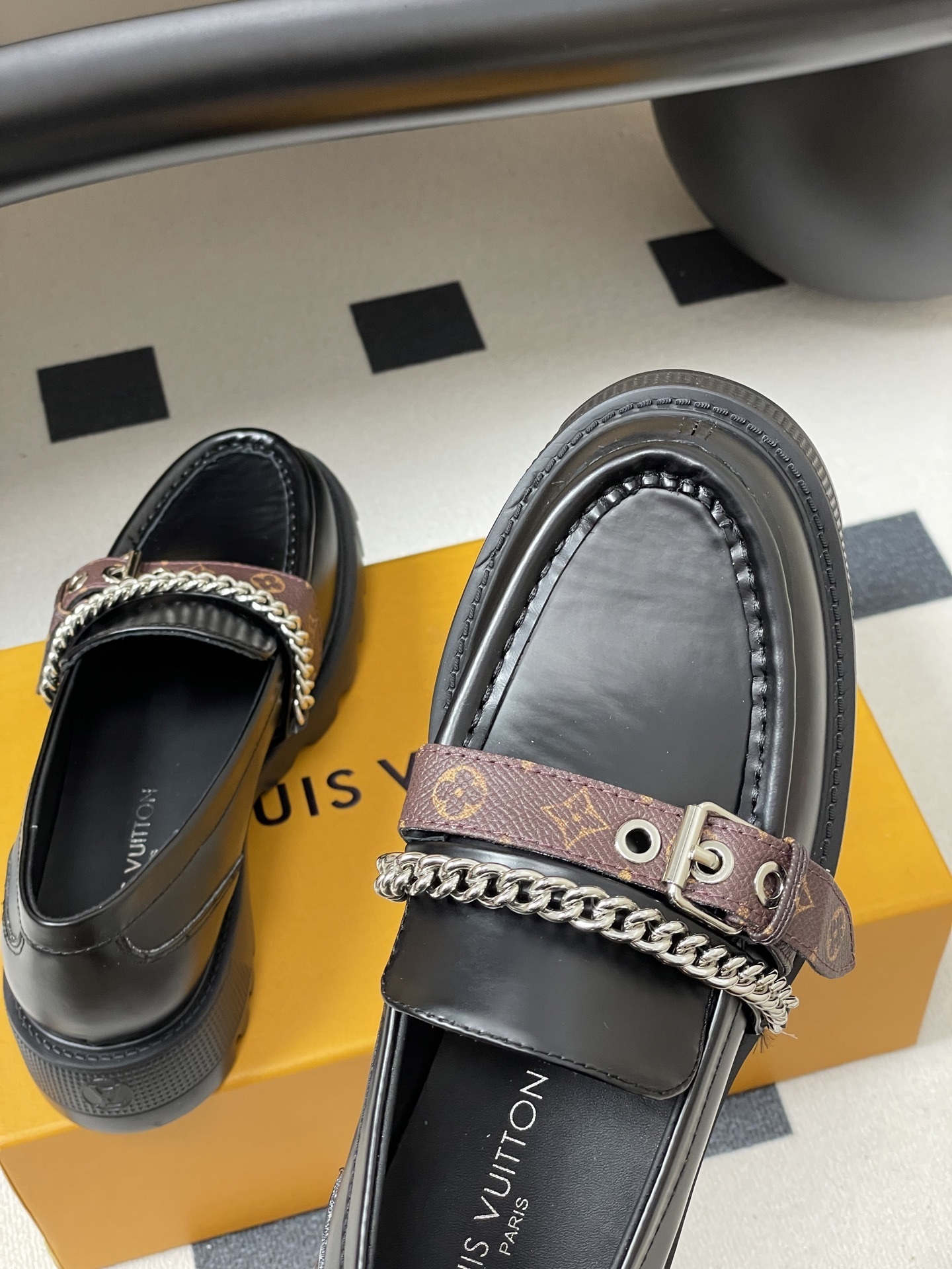 Women's Black Chunky Platform Loafers with Chain & Monogram Strap