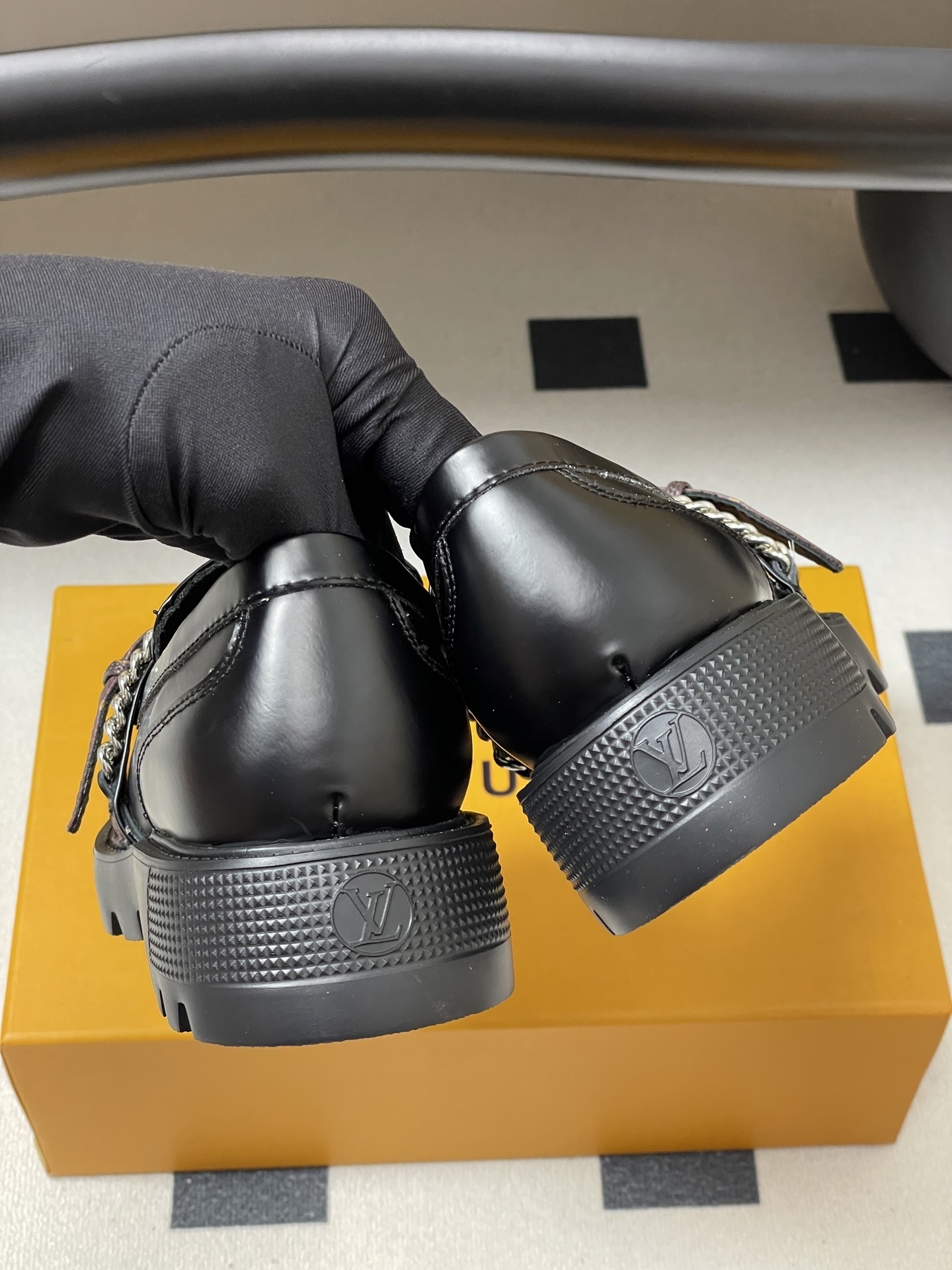 Women's Black Chunky Platform Loafers with Chain & Monogram Strap