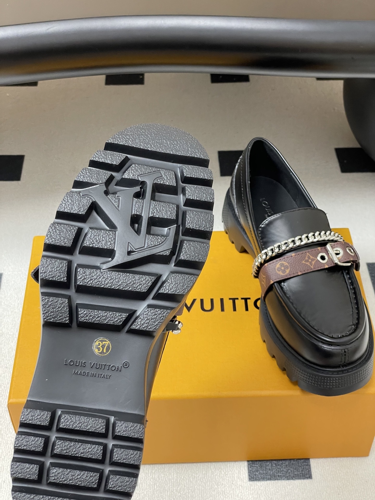 Women's Black Chunky Platform Loafers with Chain & Monogram Strap