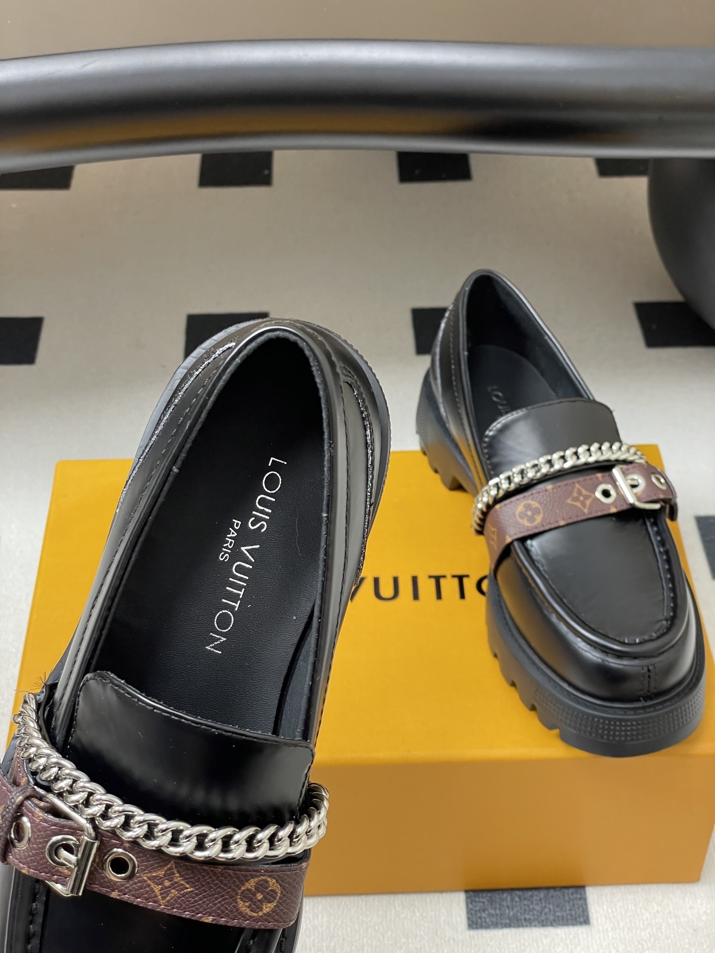 Women's Black Chunky Platform Loafers with Chain & Monogram Strap