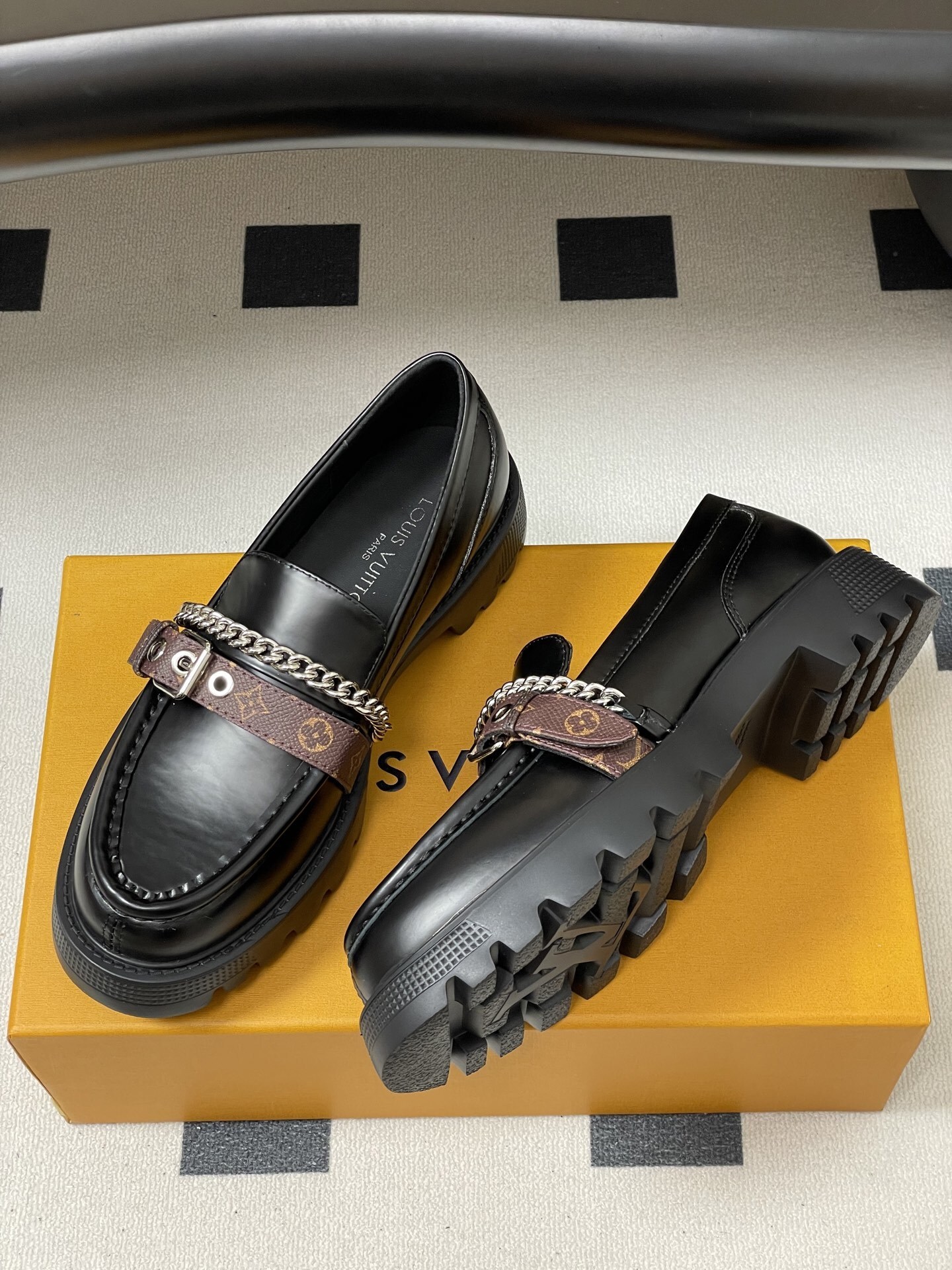 Women's Black Chunky Platform Loafers with Chain & Monogram Strap
