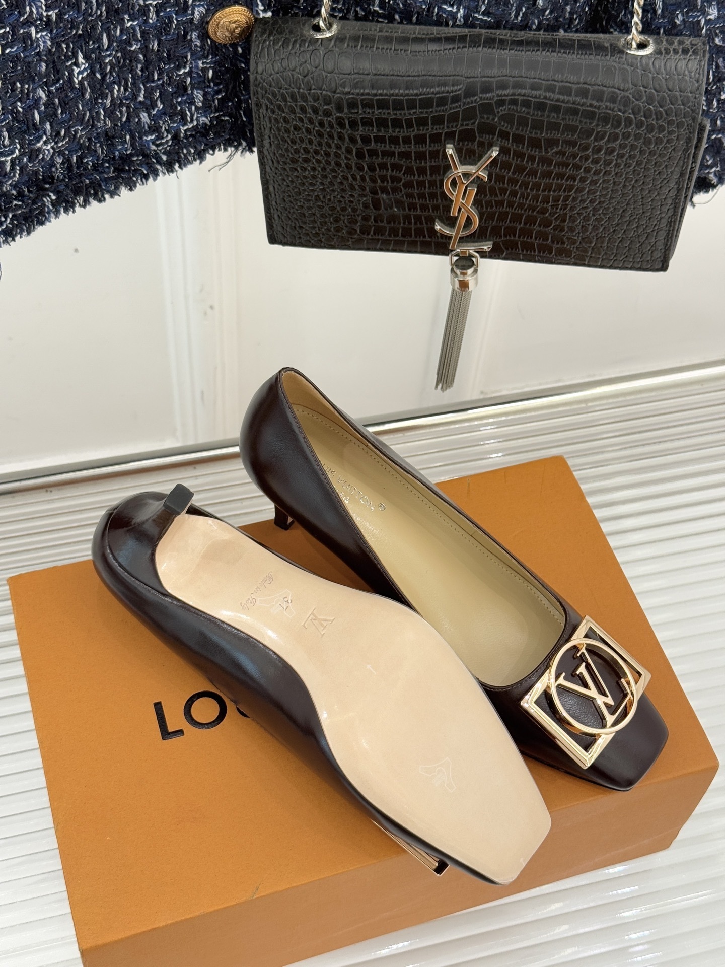 Louis Vuitton Dark Brown Leather Square Toe Kitten Heel Pumps