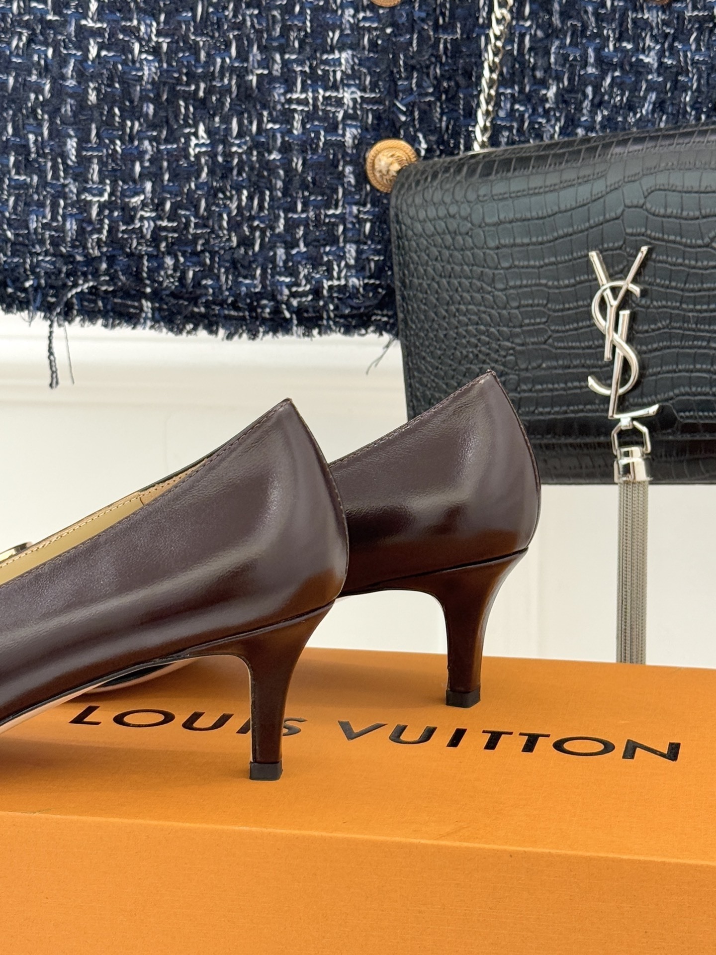 Louis Vuitton Dark Brown Leather Square Toe Kitten Heel Pumps