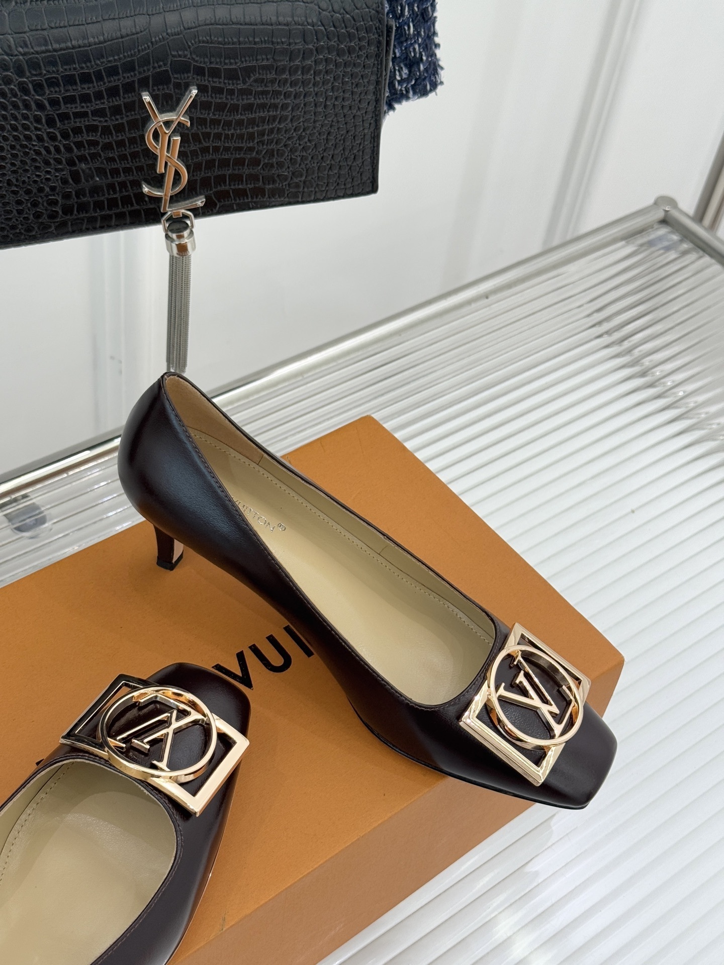 Louis Vuitton Dark Brown Leather Square Toe Kitten Heel Pumps