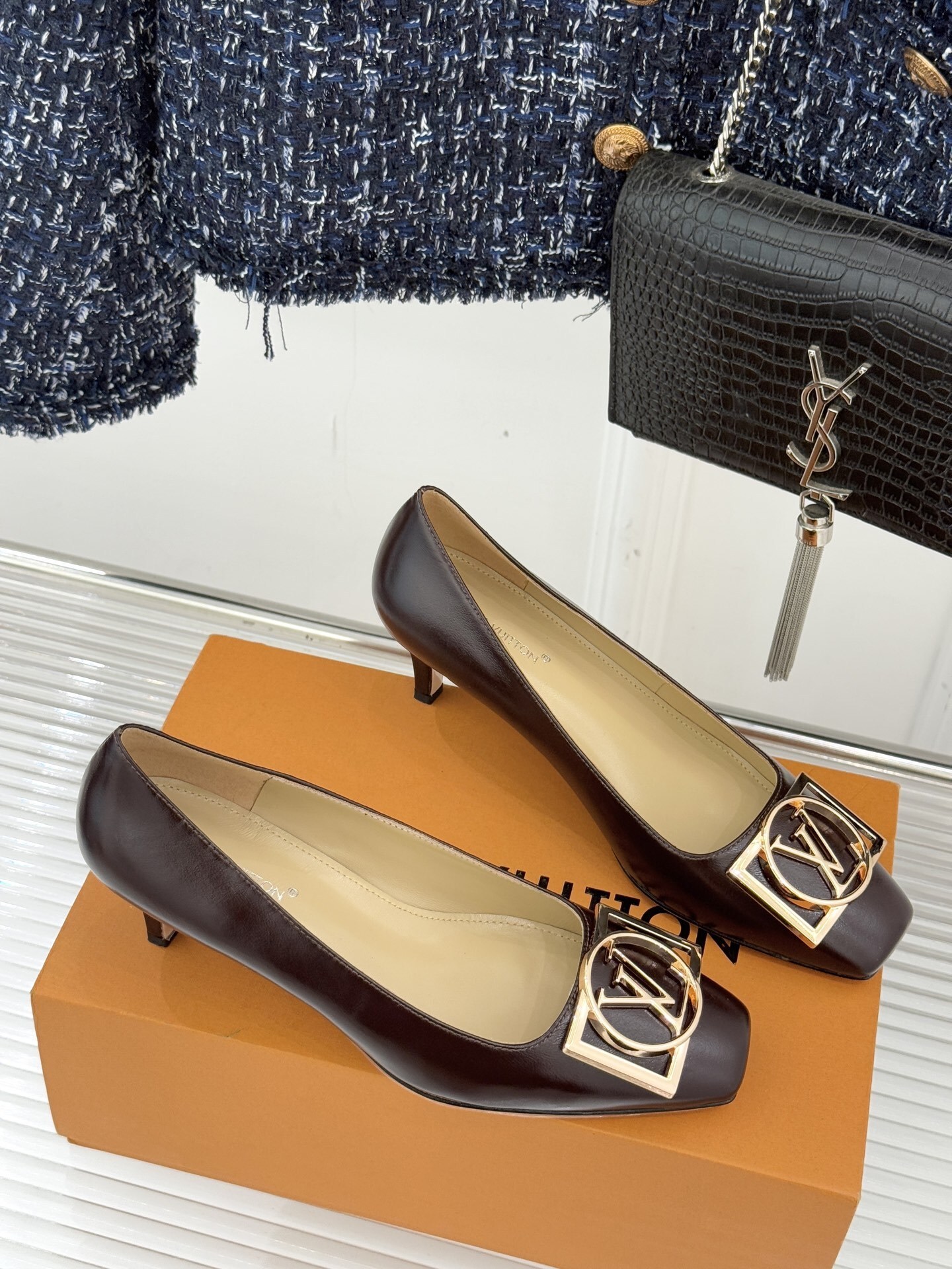 Louis Vuitton Dark Brown Leather Square Toe Kitten Heel Pumps
