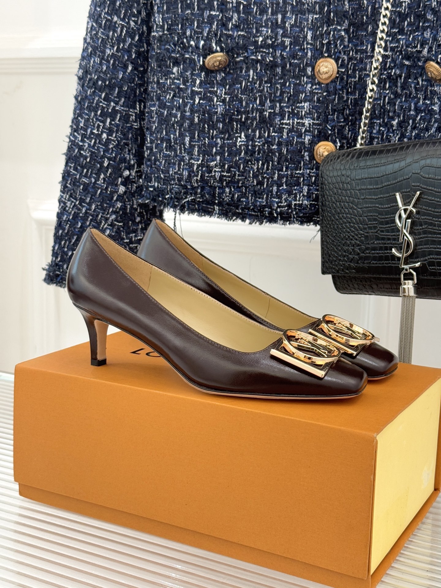 Louis Vuitton Dark Brown Leather Square Toe Kitten Heel Pumps