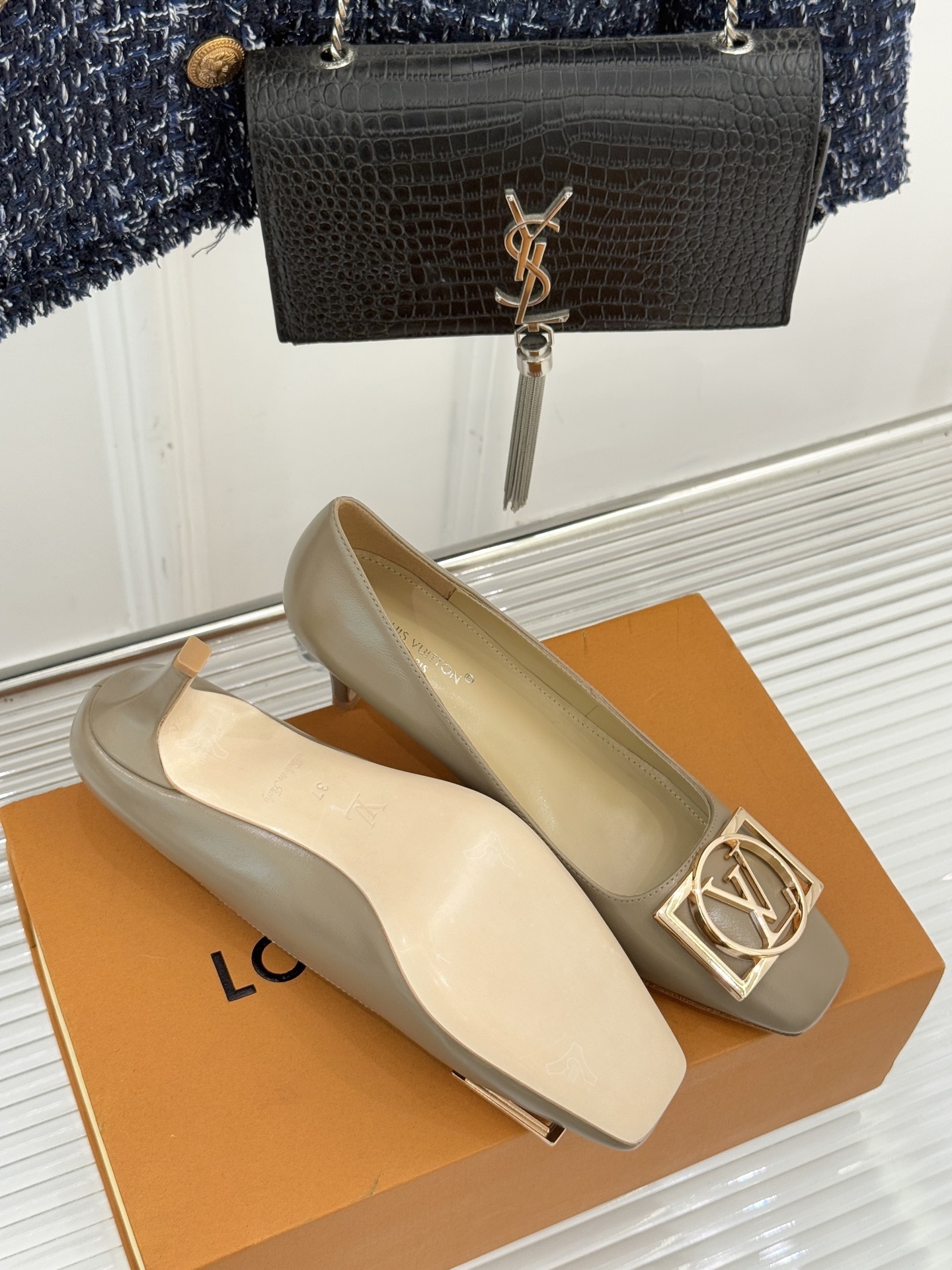 Louis Vuitton Beige Leather Kitten Heel Pumps with Gold LV Logo