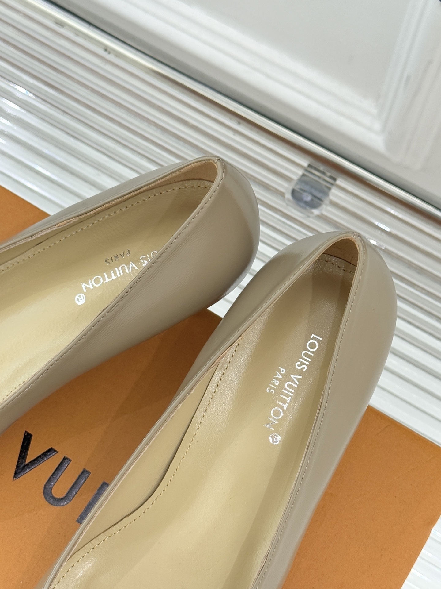 Louis Vuitton Beige Leather Kitten Heel Pumps with Gold LV Logo