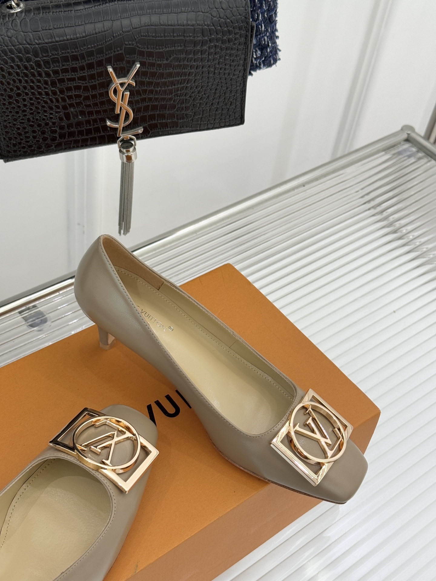 Louis Vuitton Beige Leather Kitten Heel Pumps with Gold LV Logo