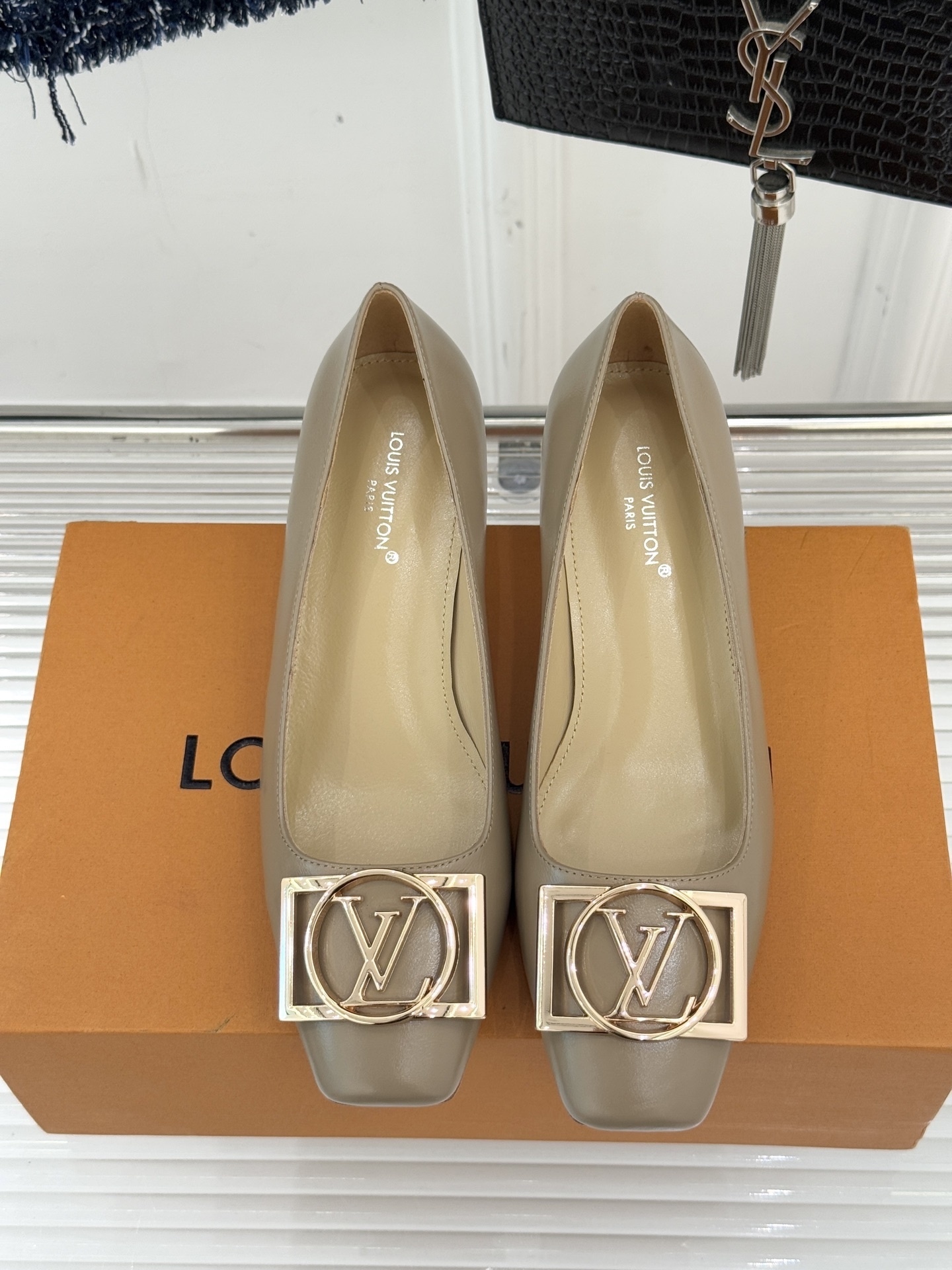 Louis Vuitton Beige Leather Kitten Heel Pumps with Gold LV Logo