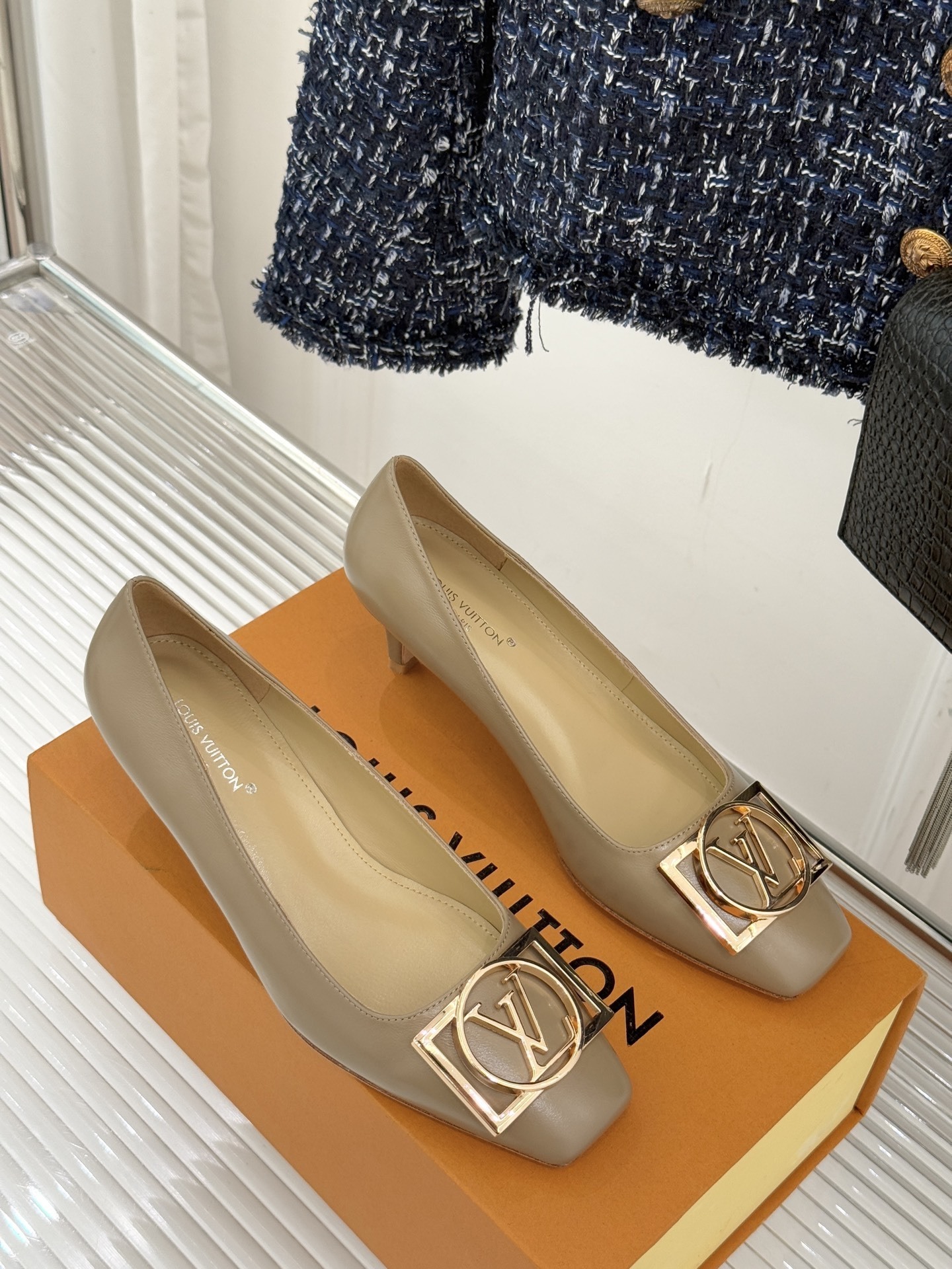 Louis Vuitton Beige Leather Kitten Heel Pumps with Gold LV Logo