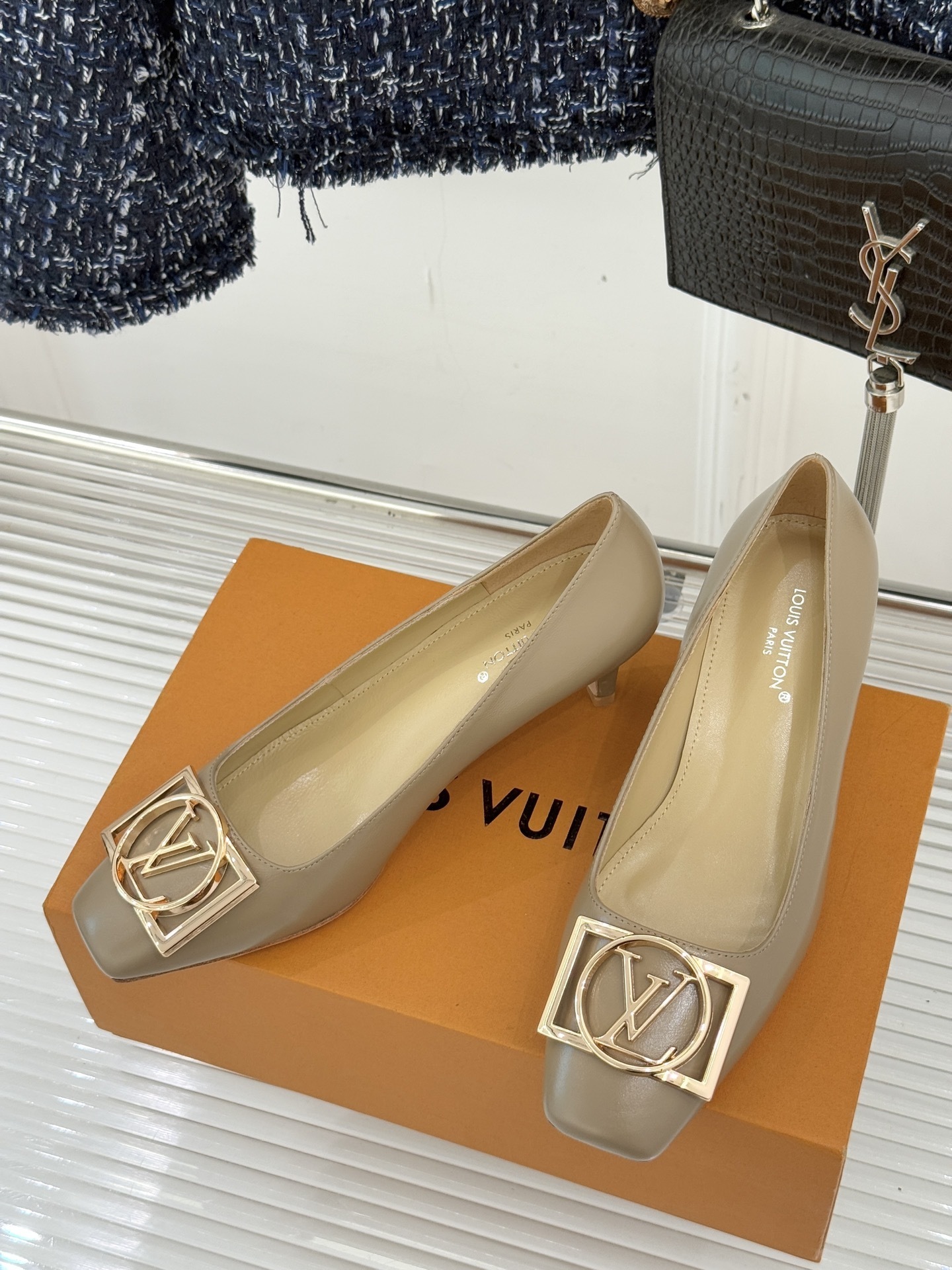 Louis Vuitton Beige Leather Kitten Heel Pumps with Gold LV Logo