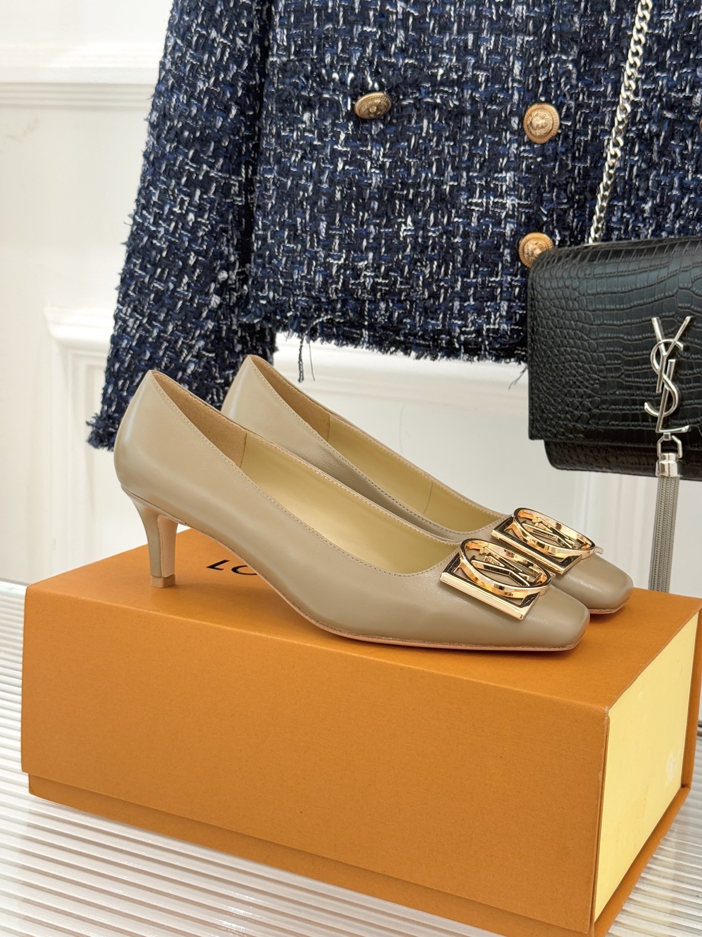 Louis Vuitton Beige Leather Kitten Heel Pumps with Gold LV Logo