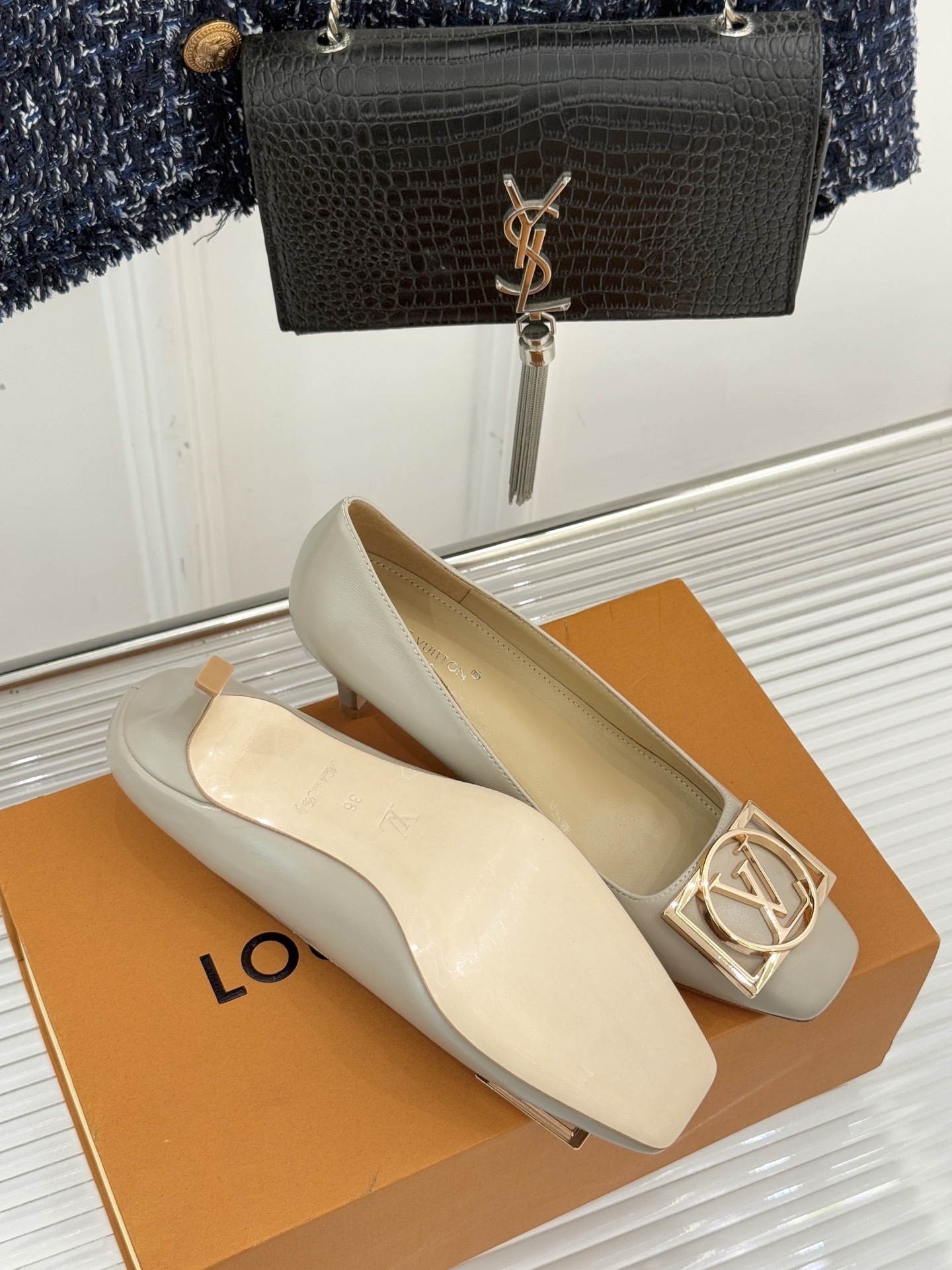 Luxury Beige Leather Kitten Heel Pumps with Gold LV Buckle