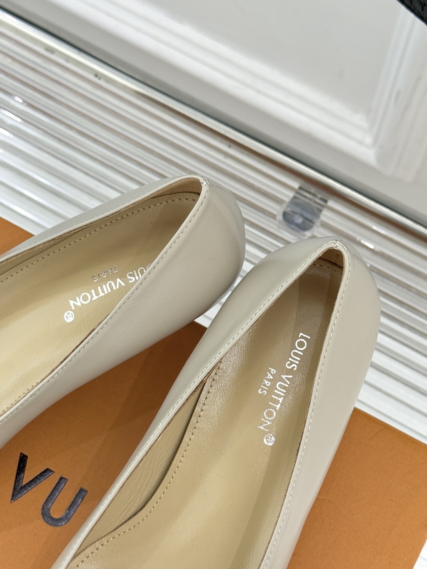 Luxury Beige Leather Kitten Heel Pumps with Gold LV Buckle