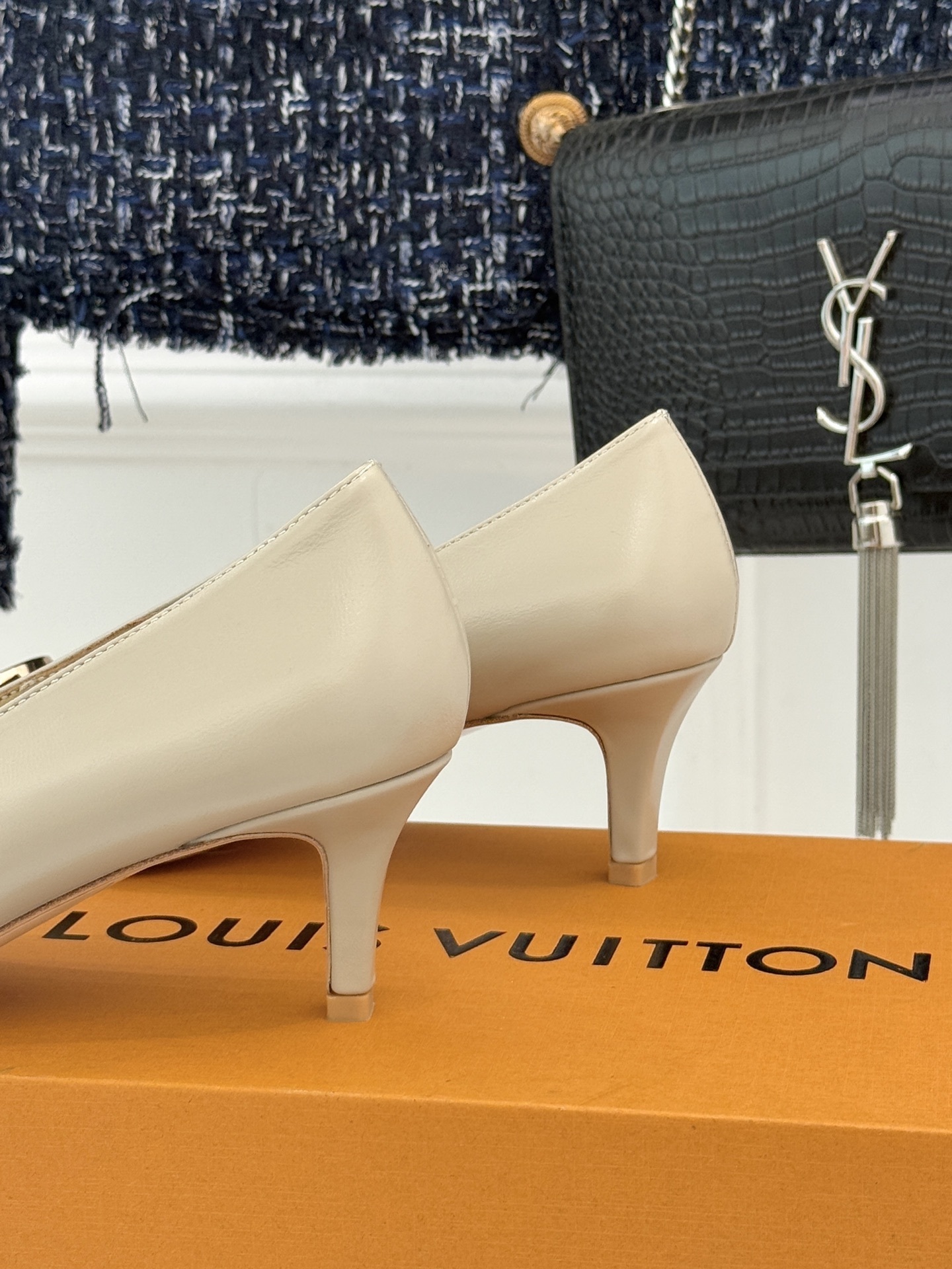 Luxury Beige Leather Kitten Heel Pumps with Gold LV Buckle