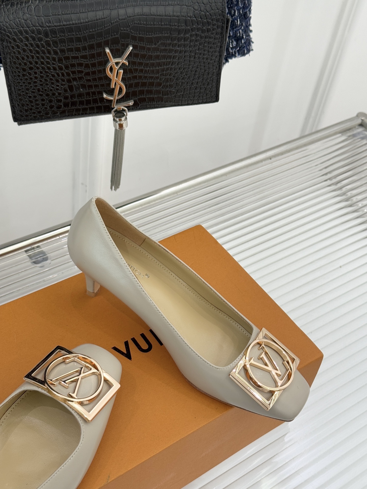 Luxury Beige Leather Kitten Heel Pumps with Gold LV Buckle