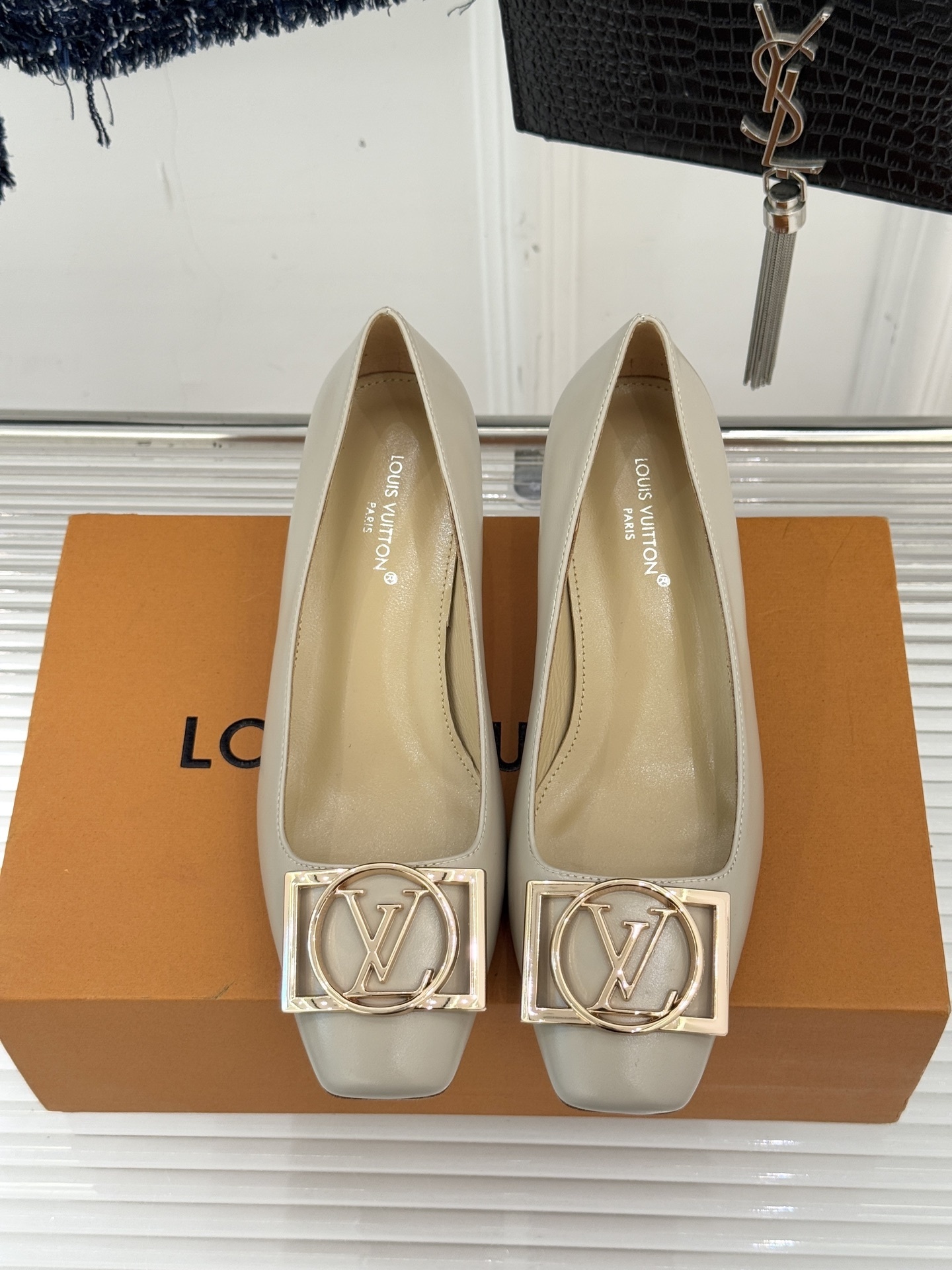 Luxury Beige Leather Kitten Heel Pumps with Gold LV Buckle