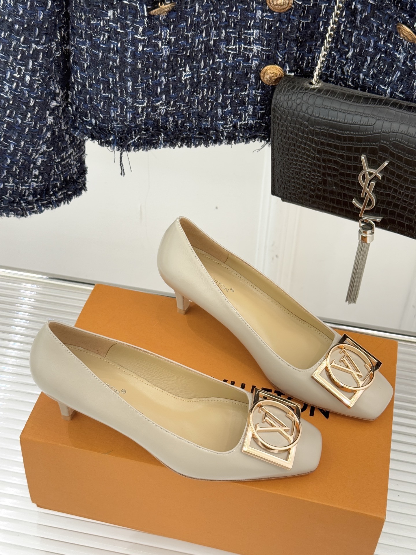 Luxury Beige Leather Kitten Heel Pumps with Gold LV Buckle