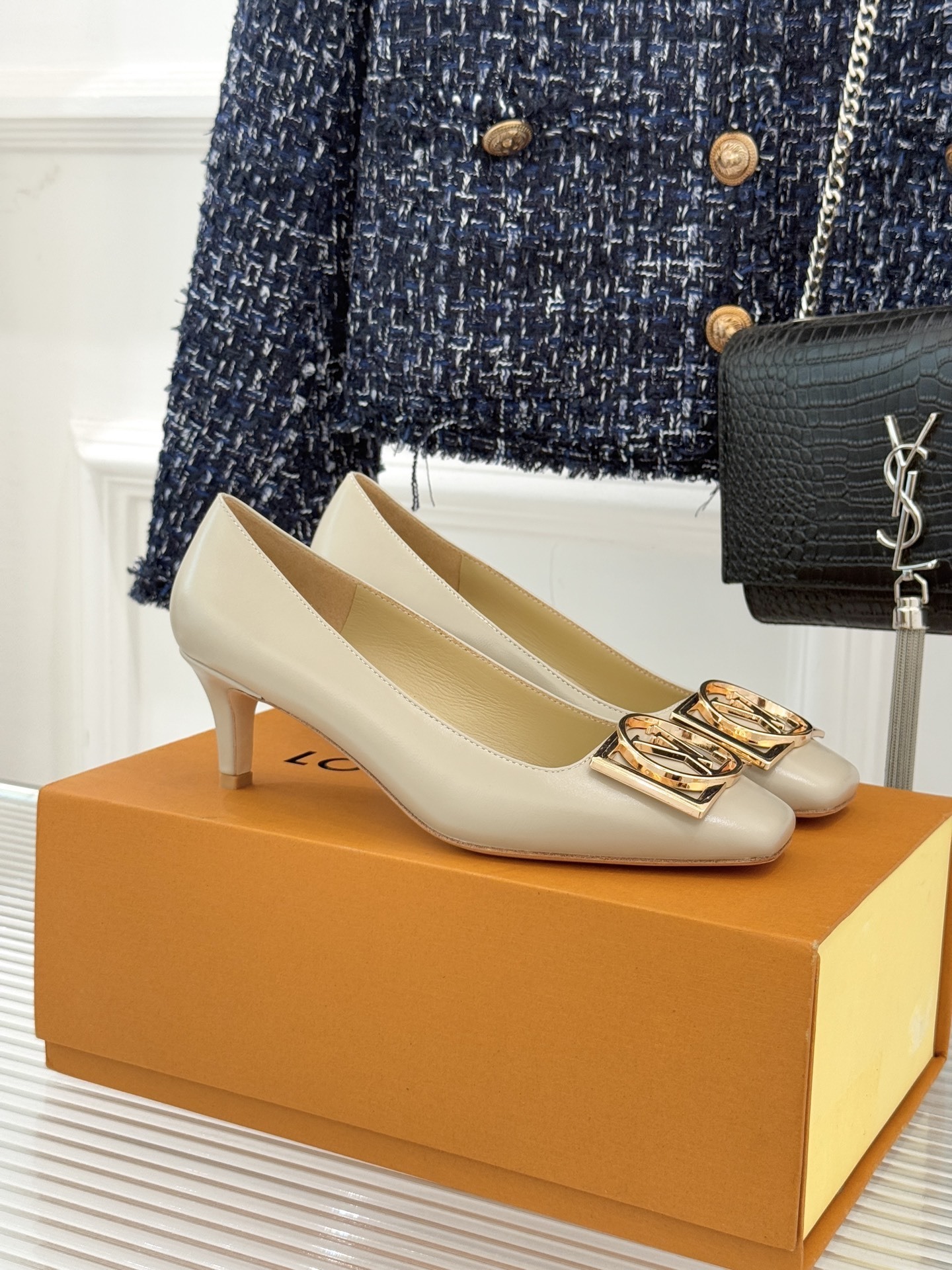Luxury Beige Leather Kitten Heel Pumps with Gold LV Buckle
