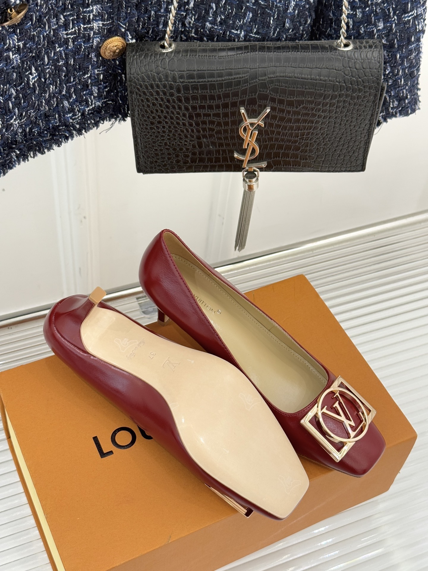 Luxury Red Leather Kitten Heel Pumps with Gold Buckle