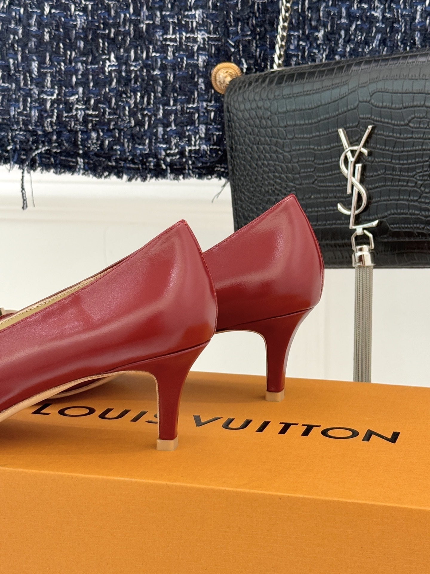 Luxury Red Leather Kitten Heel Pumps with Gold Buckle