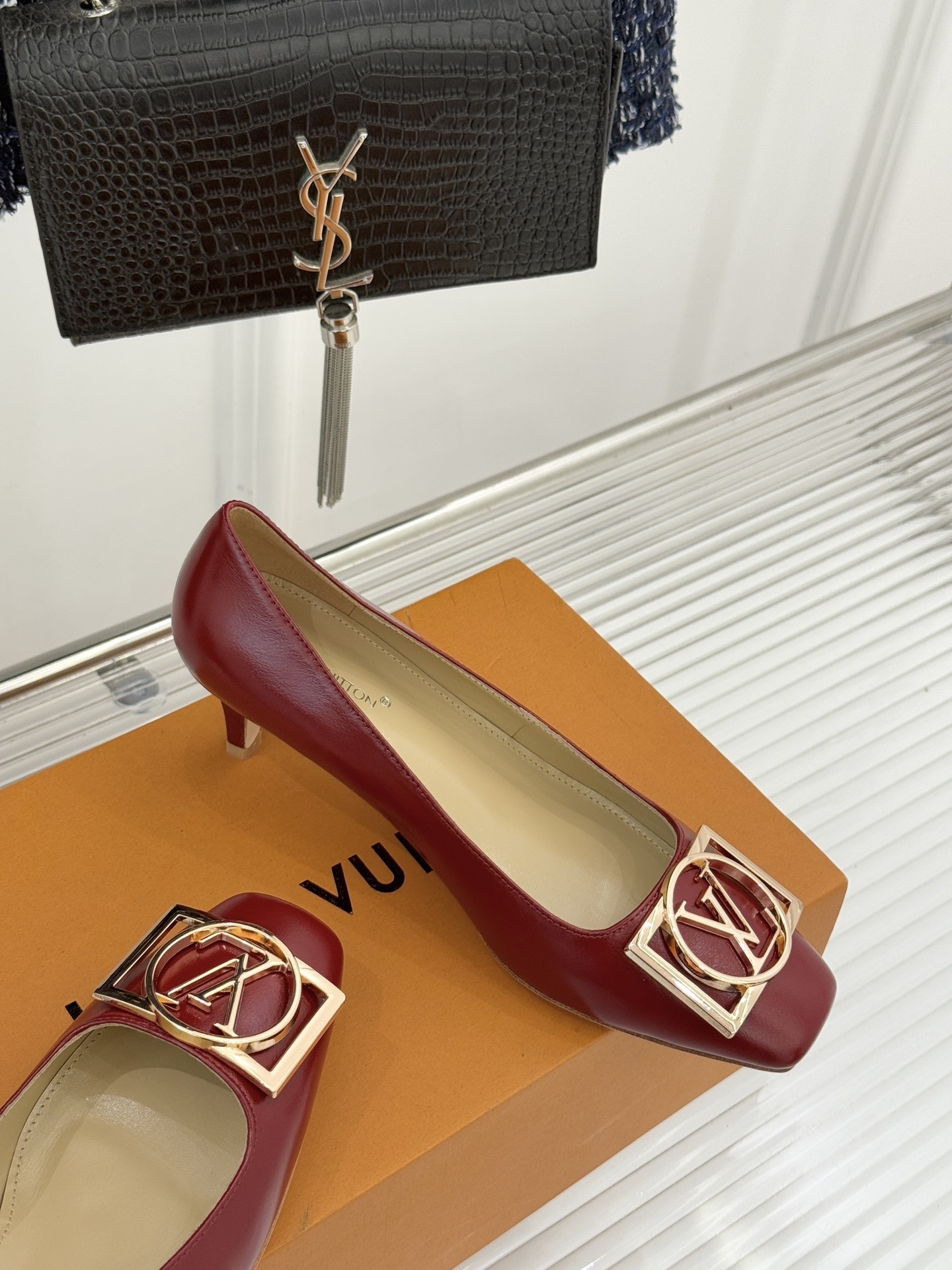 Luxury Red Leather Kitten Heel Pumps with Gold Buckle