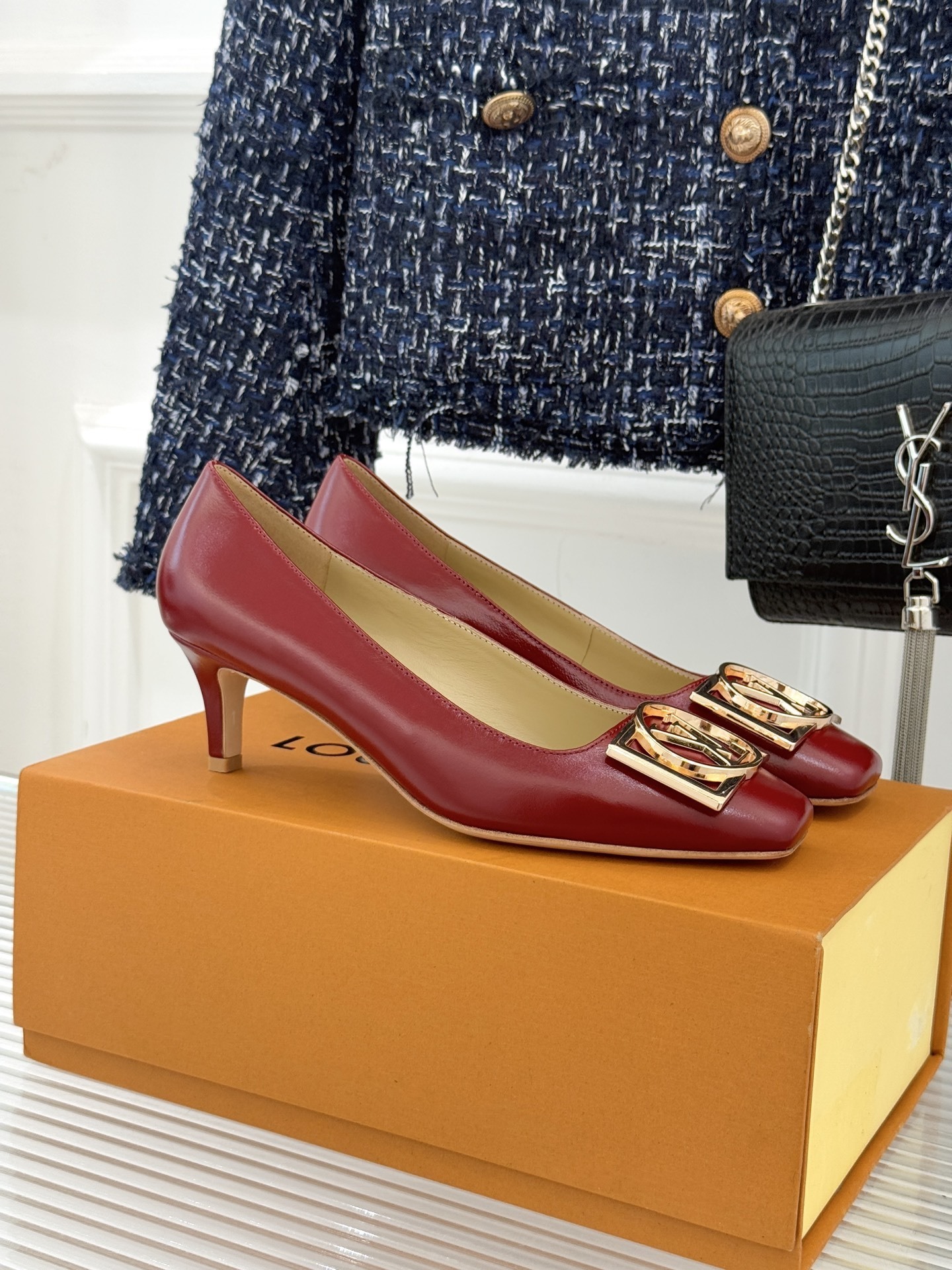 Luxury Red Leather Kitten Heel Pumps with Gold Buckle