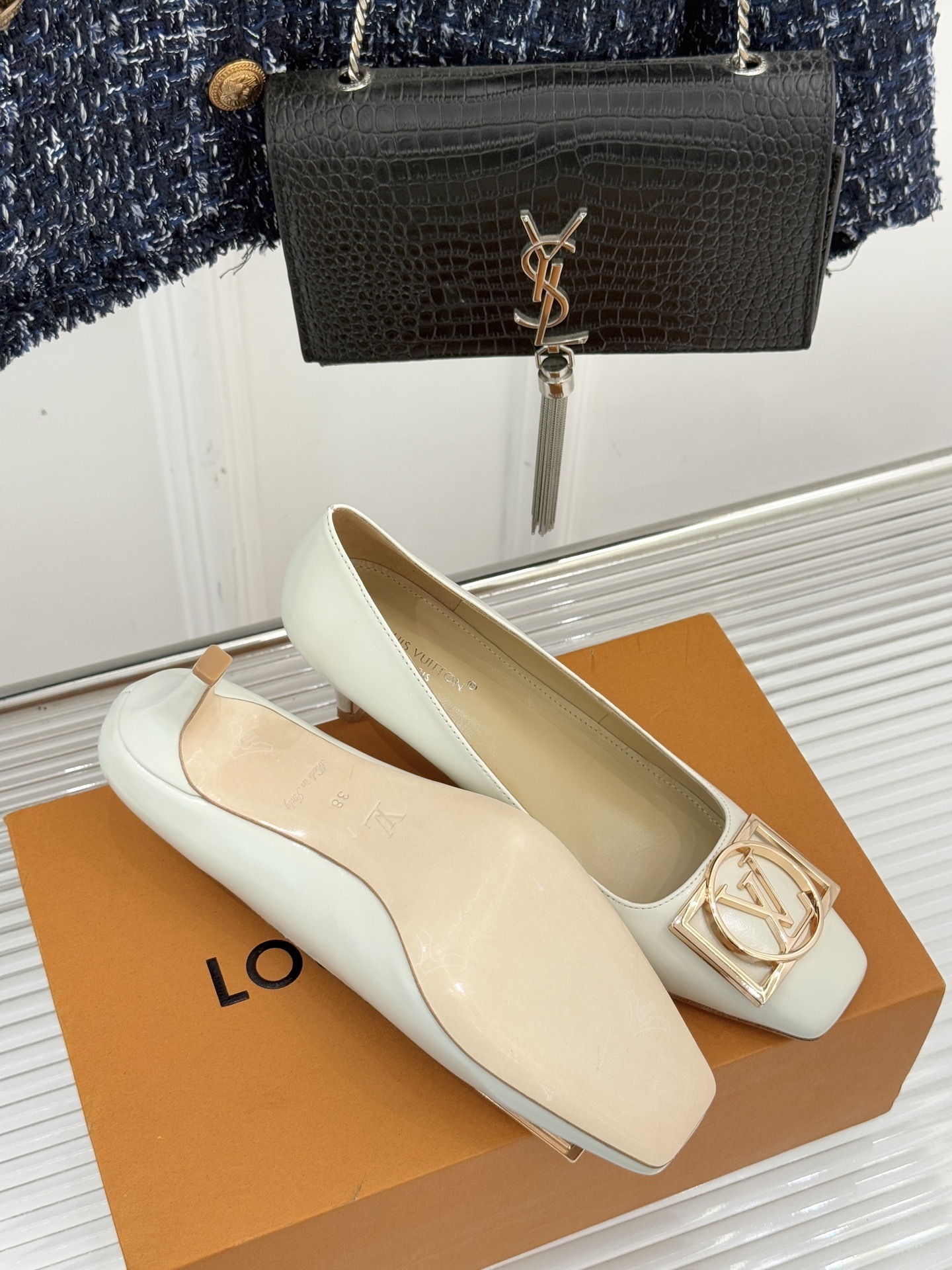 Elegant Cream Square Toe Kitten Heels with Gold Metal Buckle