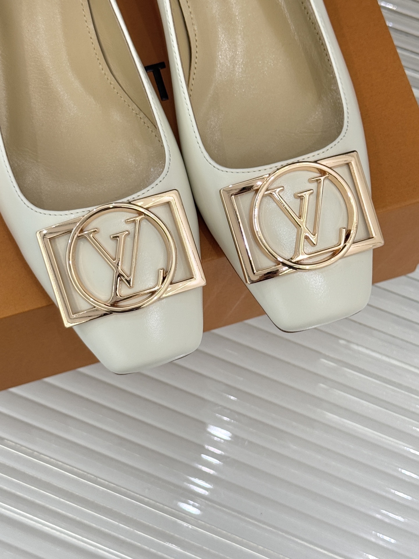 Elegant Cream Square Toe Kitten Heels with Gold Metal Buckle