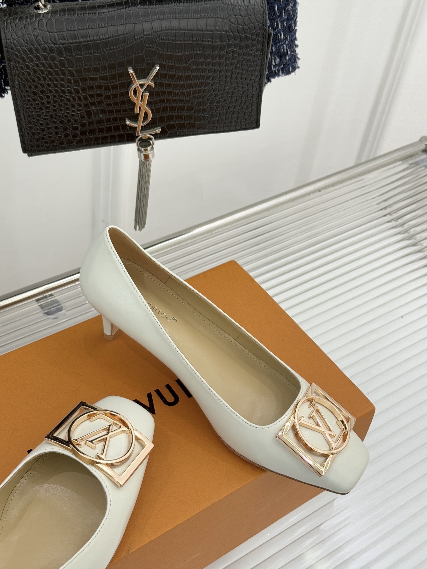 Elegant Cream Square Toe Kitten Heels with Gold Metal Buckle