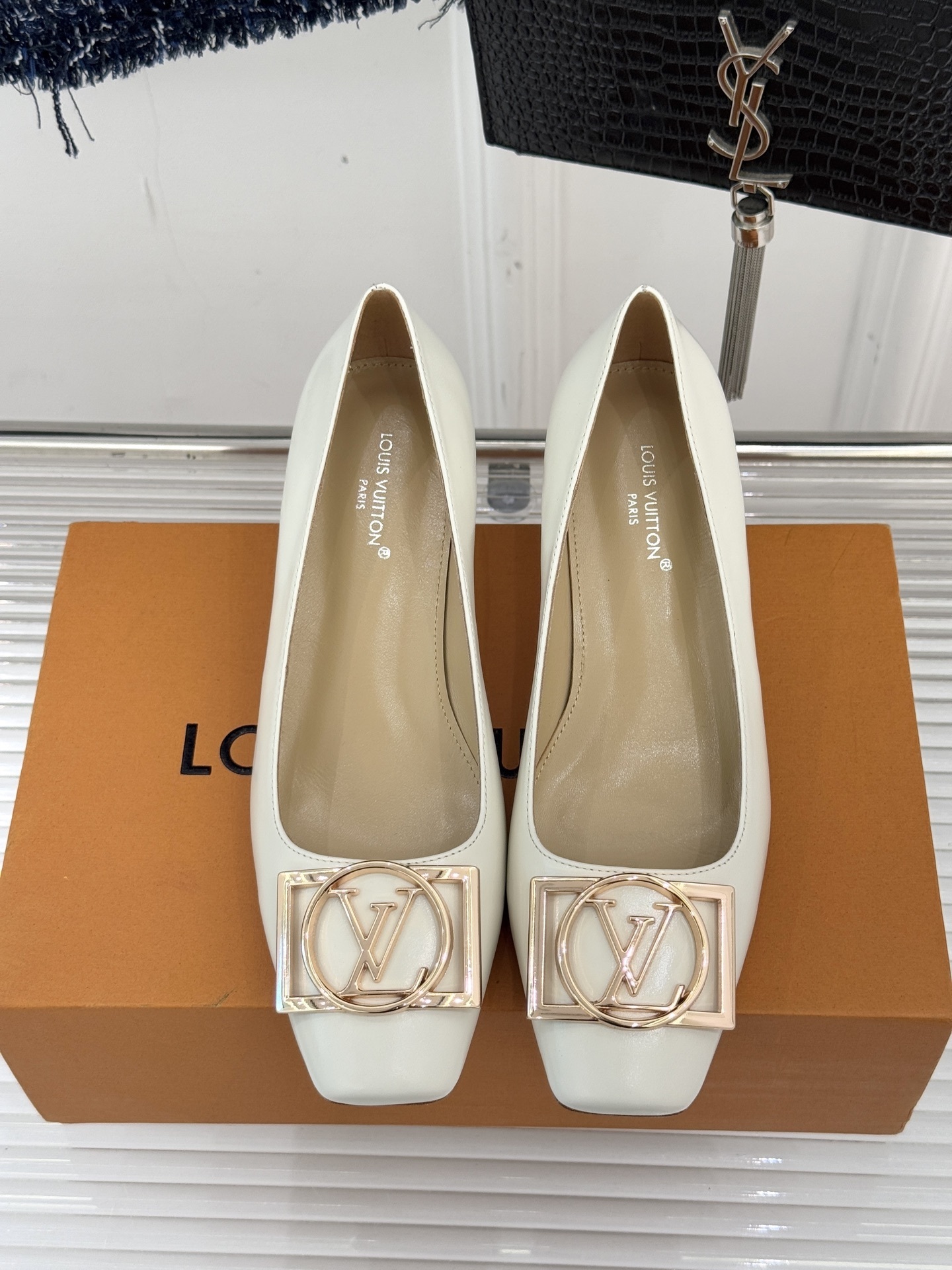 Elegant Cream Square Toe Kitten Heels with Gold Metal Buckle