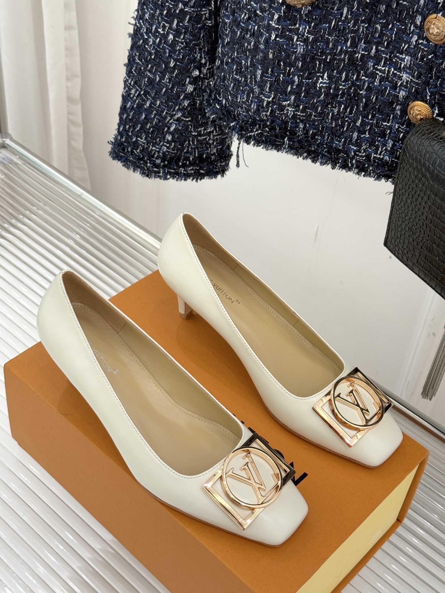 Elegant Cream Square Toe Kitten Heels with Gold Metal Buckle