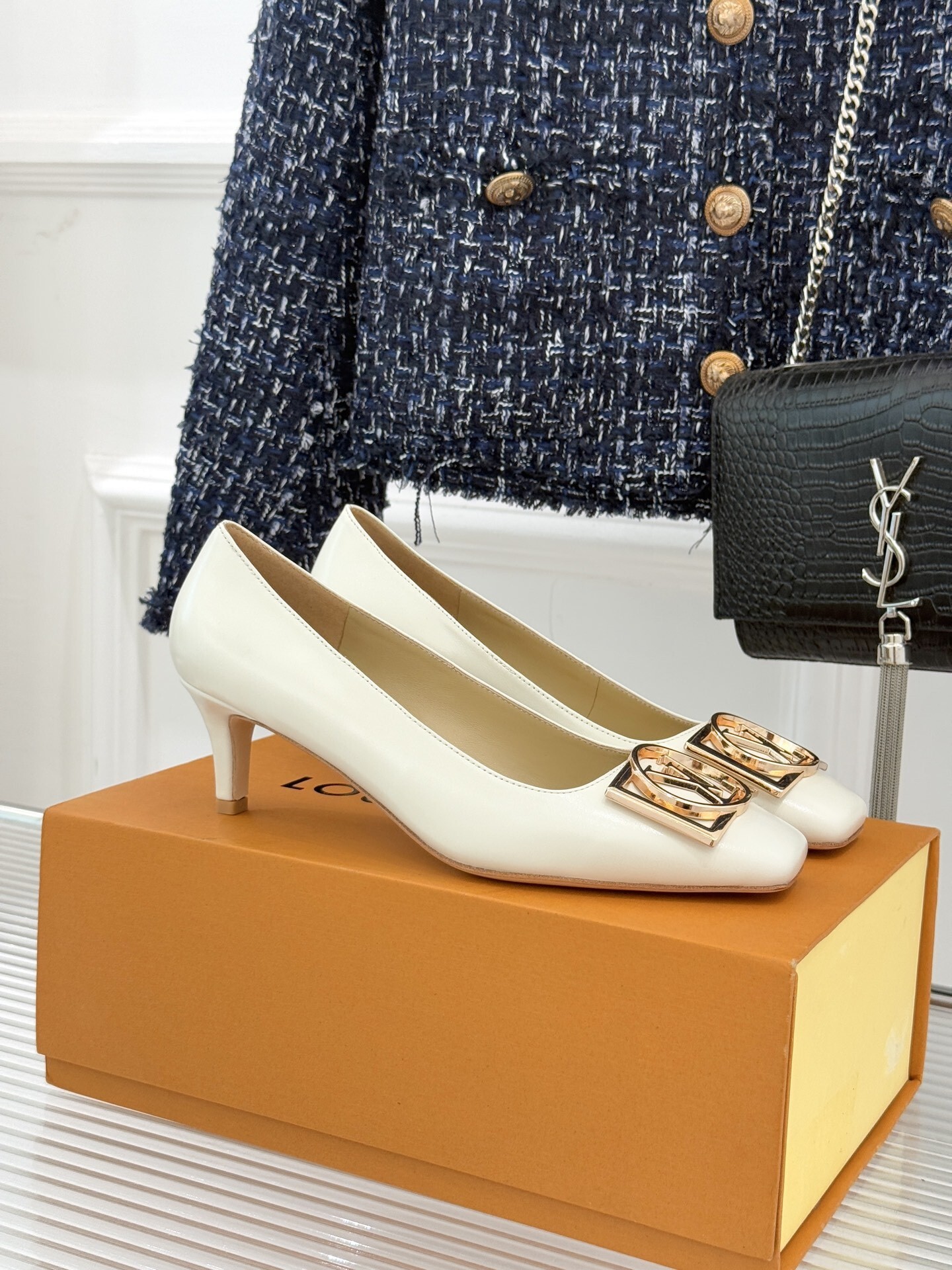 Elegant Cream Square Toe Kitten Heels with Gold Metal Buckle