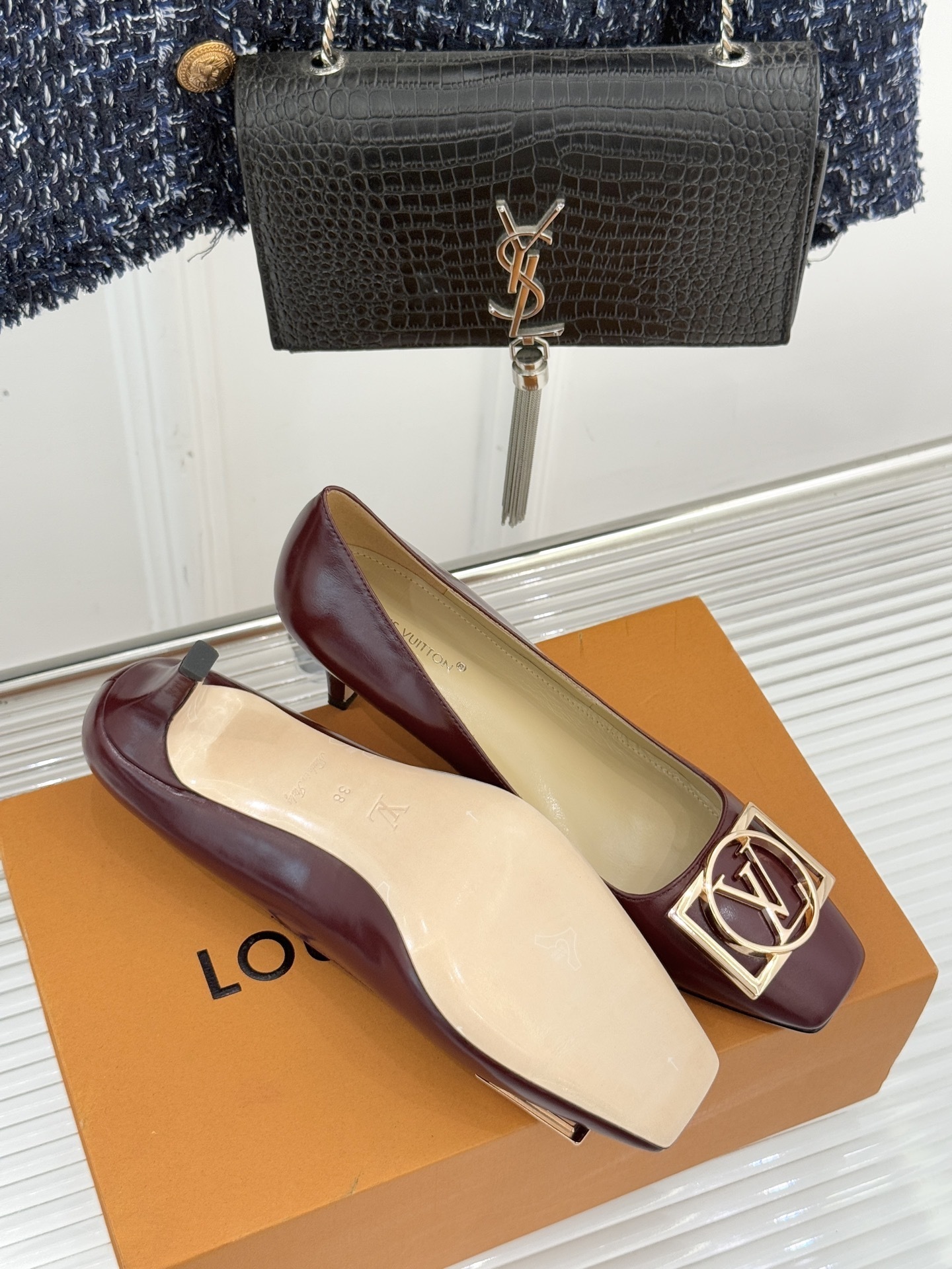 Louis Vuitton Burgundy Leather Kitten Heels with Gold LV Buckle