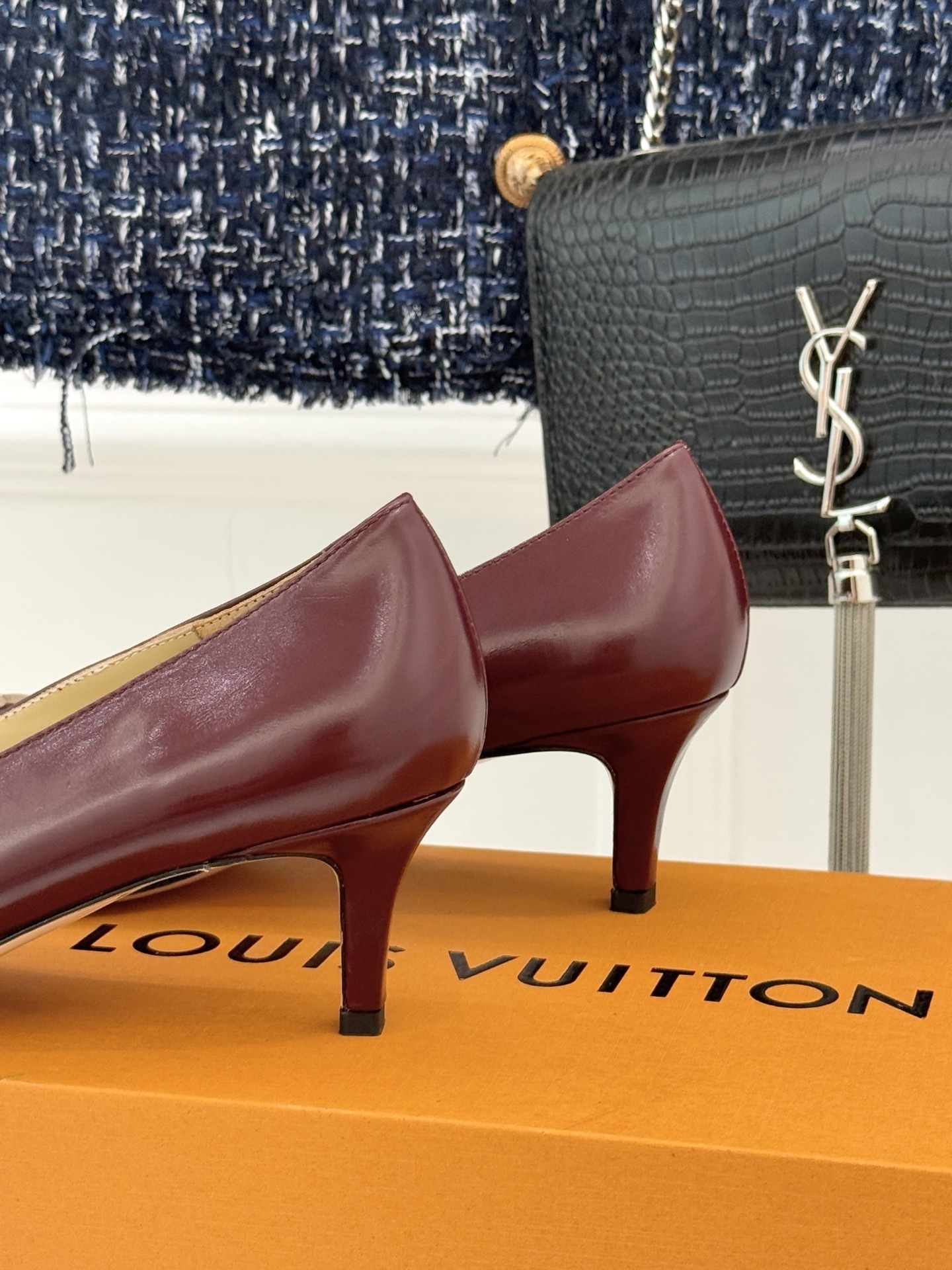 Louis Vuitton Burgundy Leather Kitten Heels with Gold LV Buckle