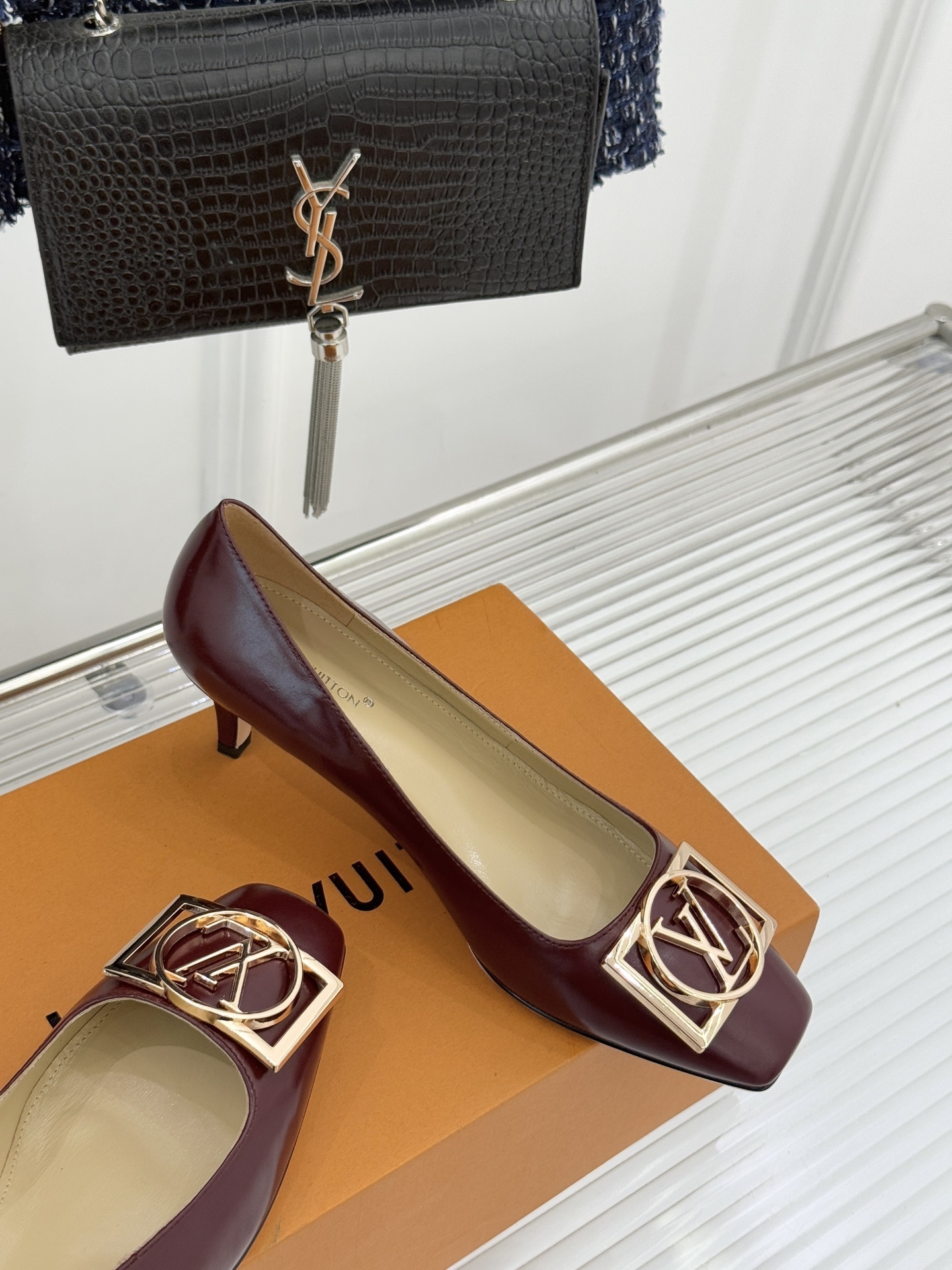 Louis Vuitton Burgundy Leather Kitten Heels with Gold LV Buckle