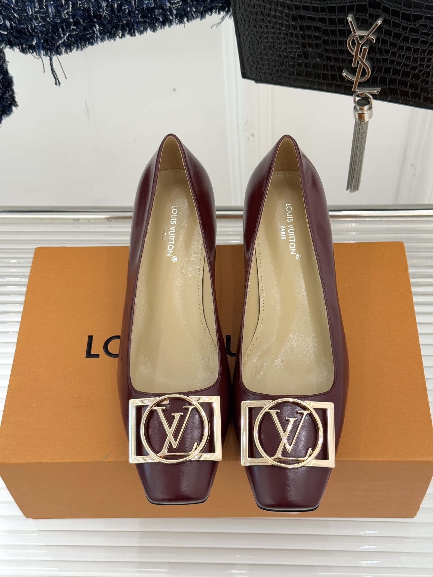 Louis Vuitton Burgundy Leather Kitten Heels with Gold LV Buckle