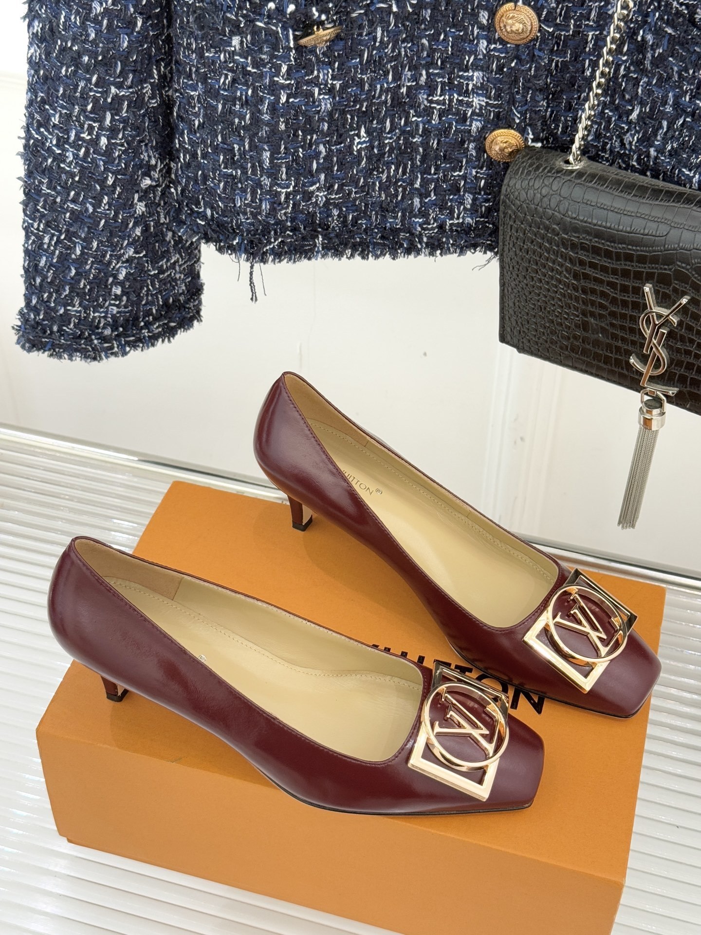 Louis Vuitton Burgundy Leather Kitten Heels with Gold LV Buckle
