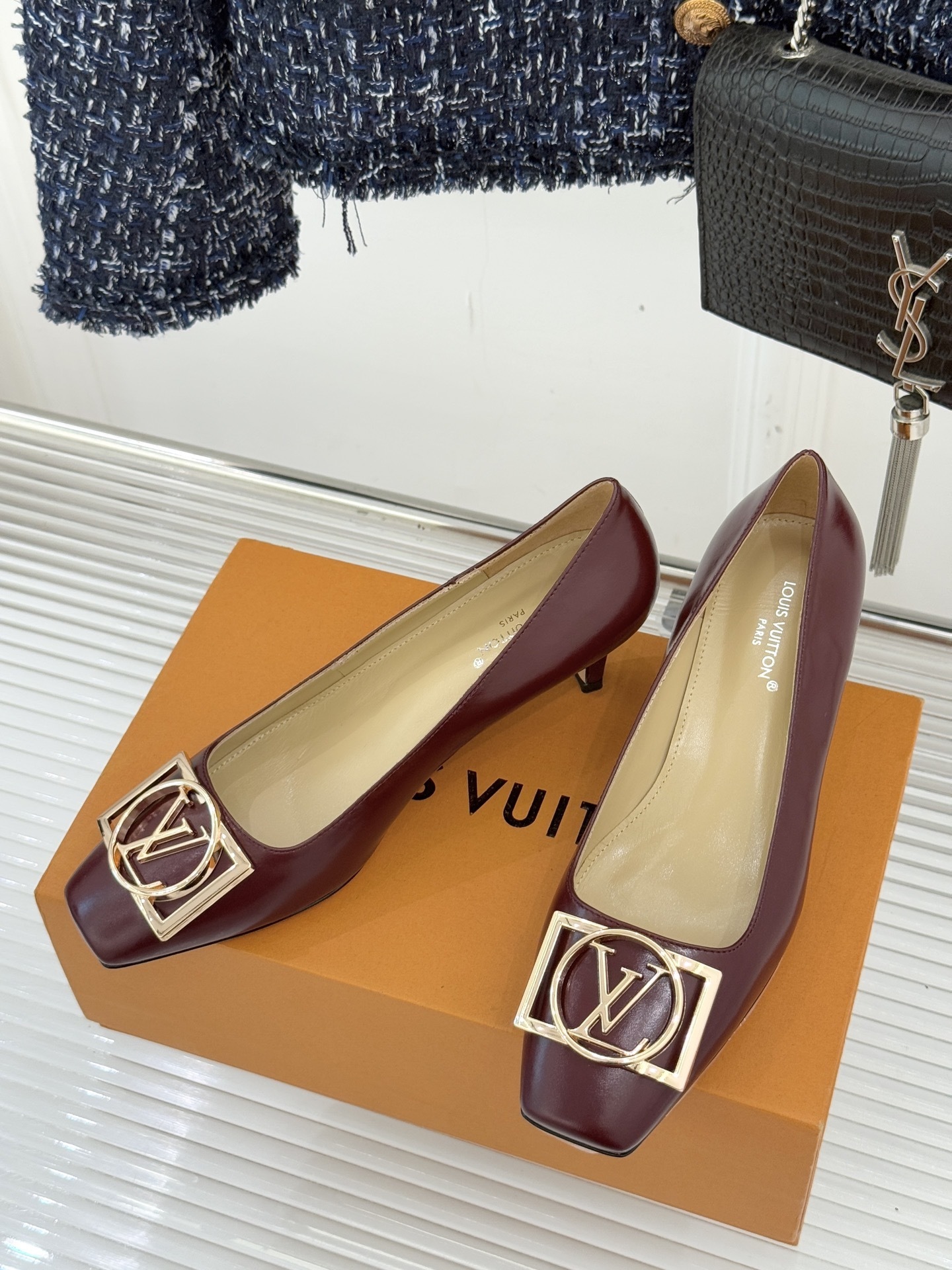 Louis Vuitton Burgundy Leather Kitten Heels with Gold LV Buckle