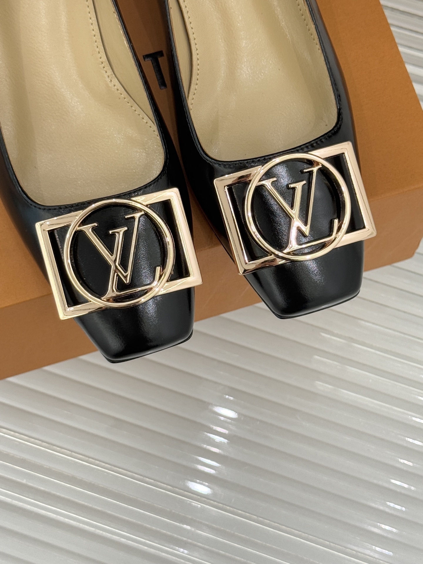 Luxury Black Leather Square Toe Kitten Heels with Gold Buckle