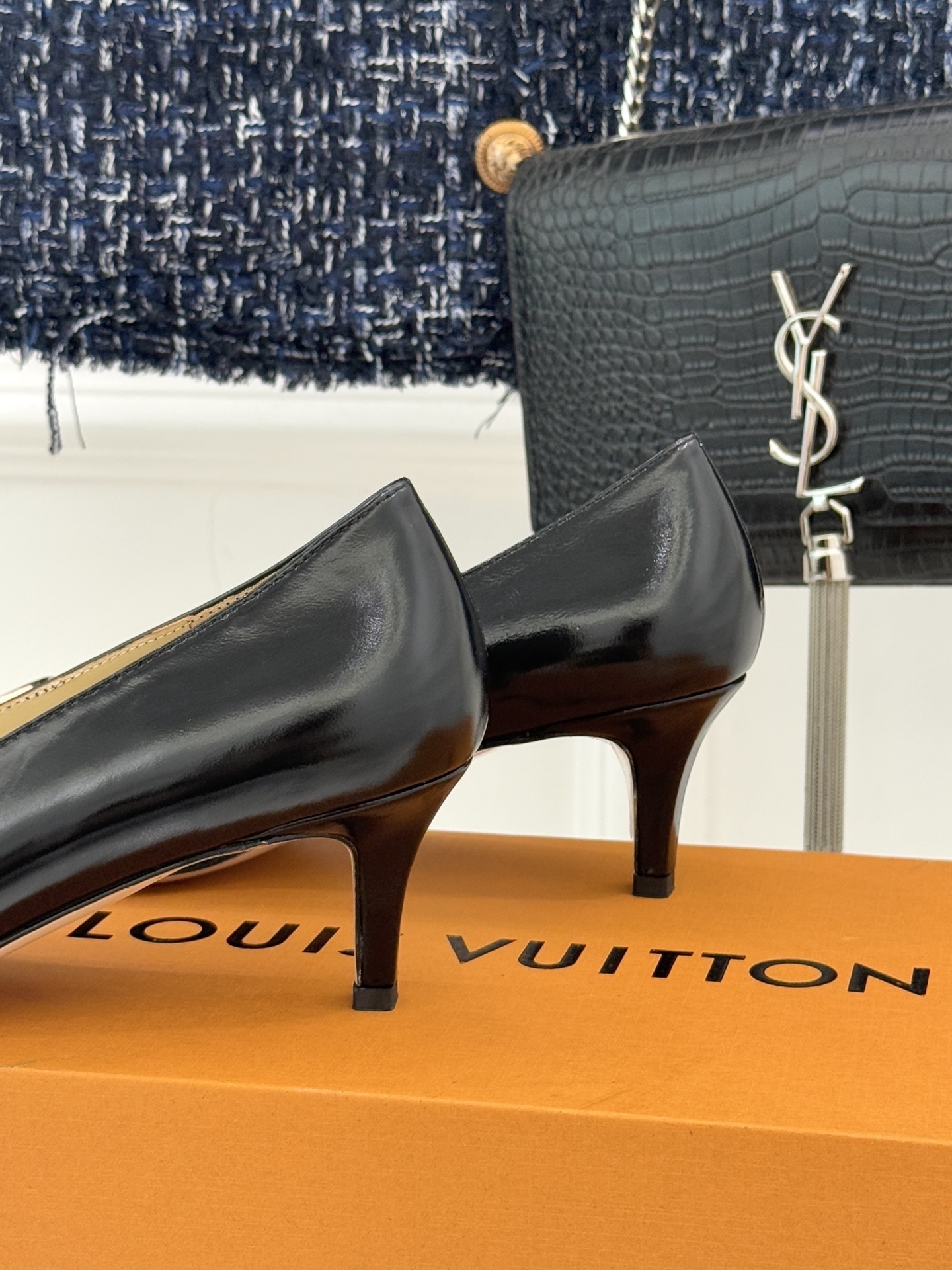 Luxury Black Leather Square Toe Kitten Heels with Gold Buckle