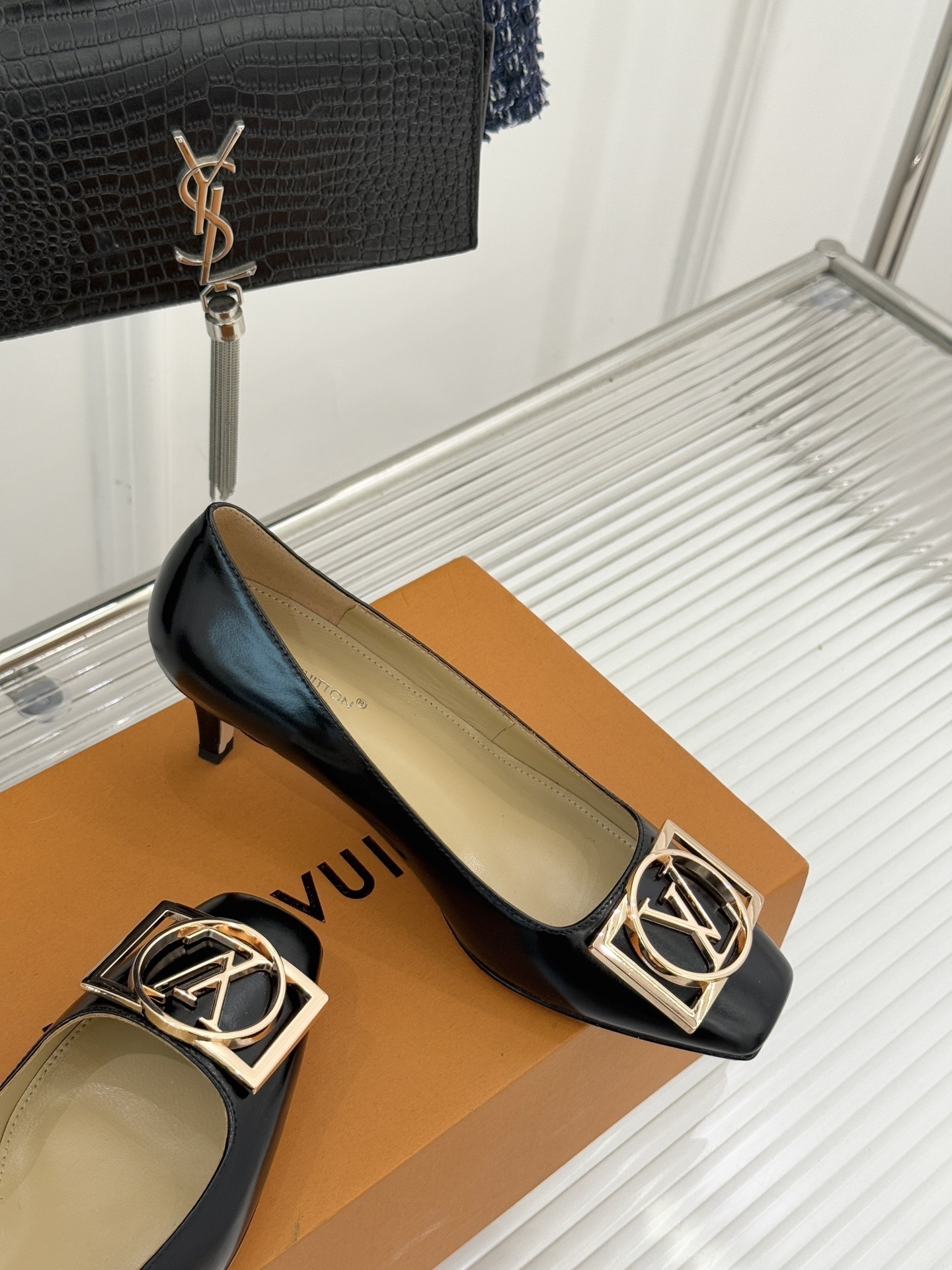 Luxury Black Leather Square Toe Kitten Heels with Gold Buckle