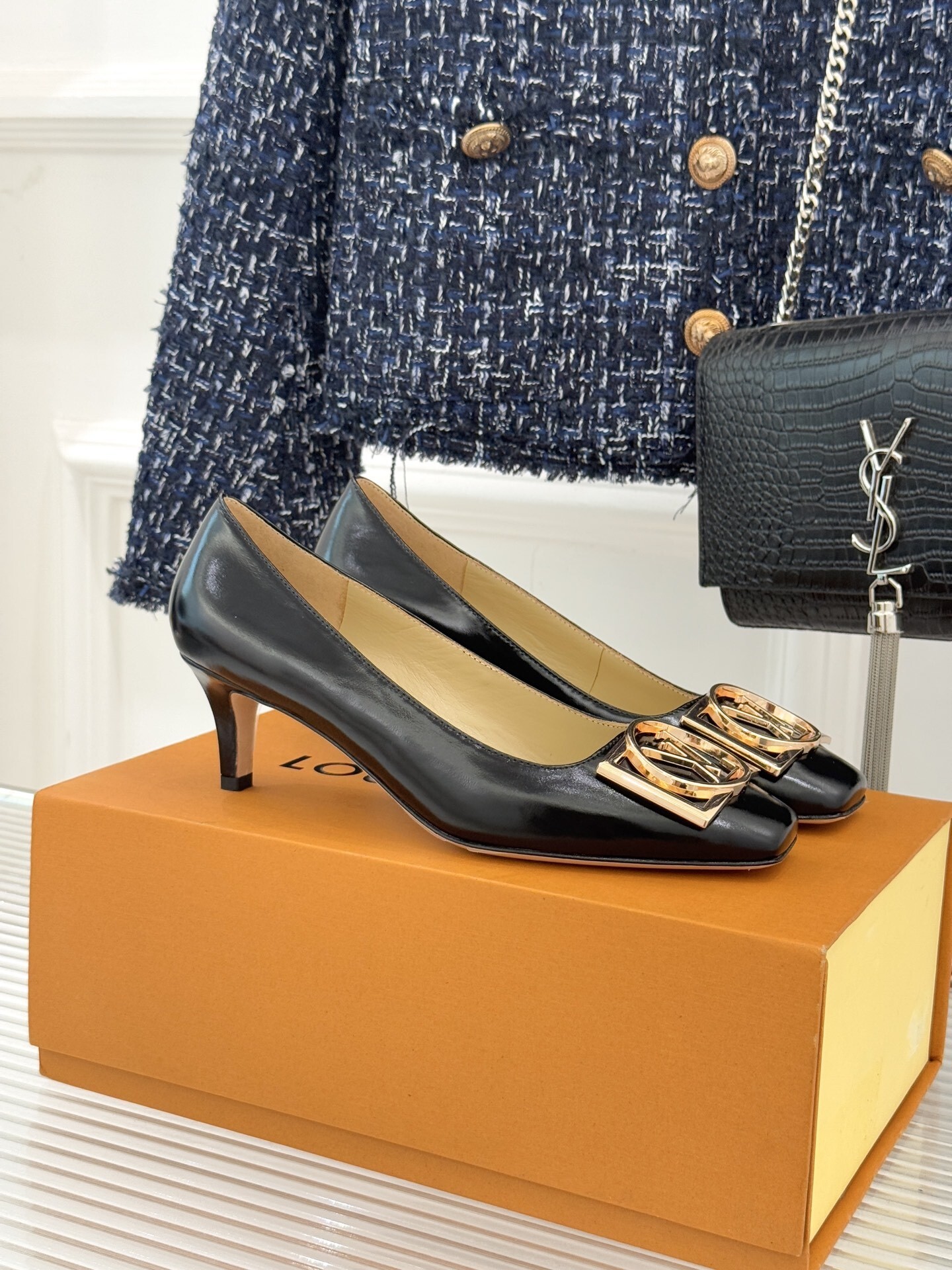 Luxury Black Leather Square Toe Kitten Heels with Gold Buckle