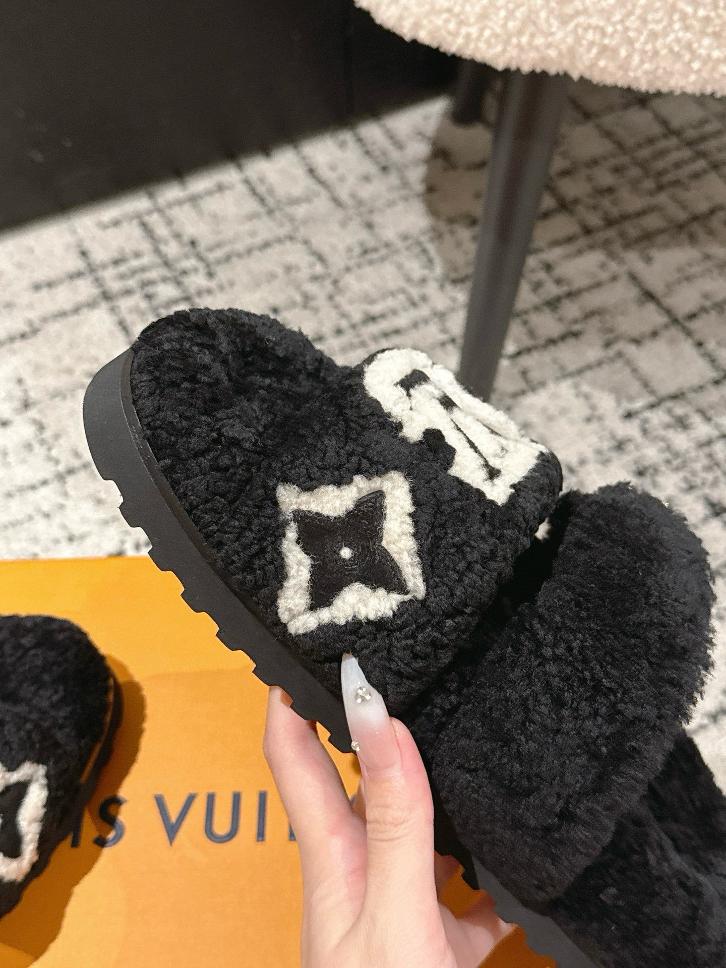 Louis Vuitton Black Shearling Monogram Paseo Comfort Flat Mules
