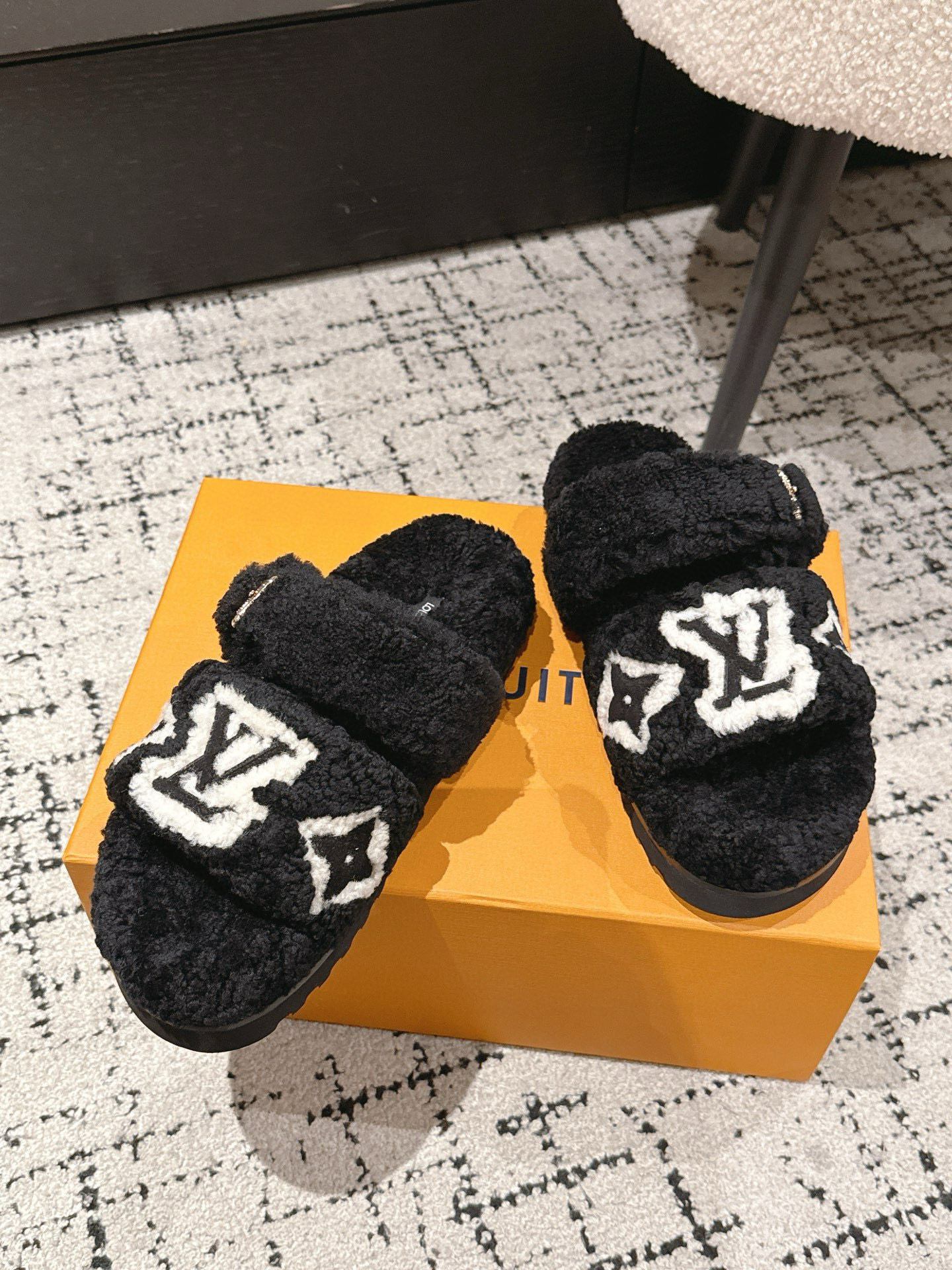 Louis Vuitton Black Shearling Monogram Paseo Comfort Flat Mules