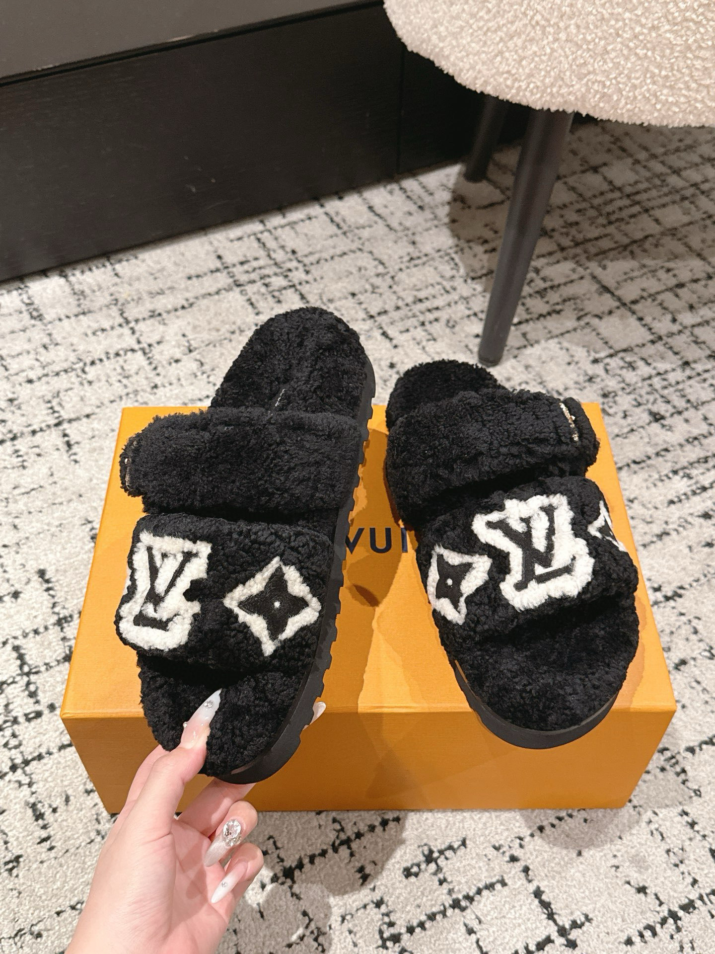 Louis Vuitton Black Shearling Monogram Paseo Comfort Flat Mules